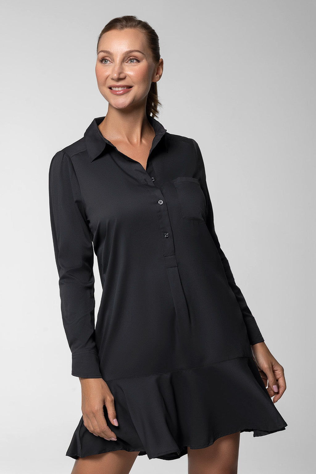 Castaneda | Women's Flared Shirt Dress with Long Sleeves | Black