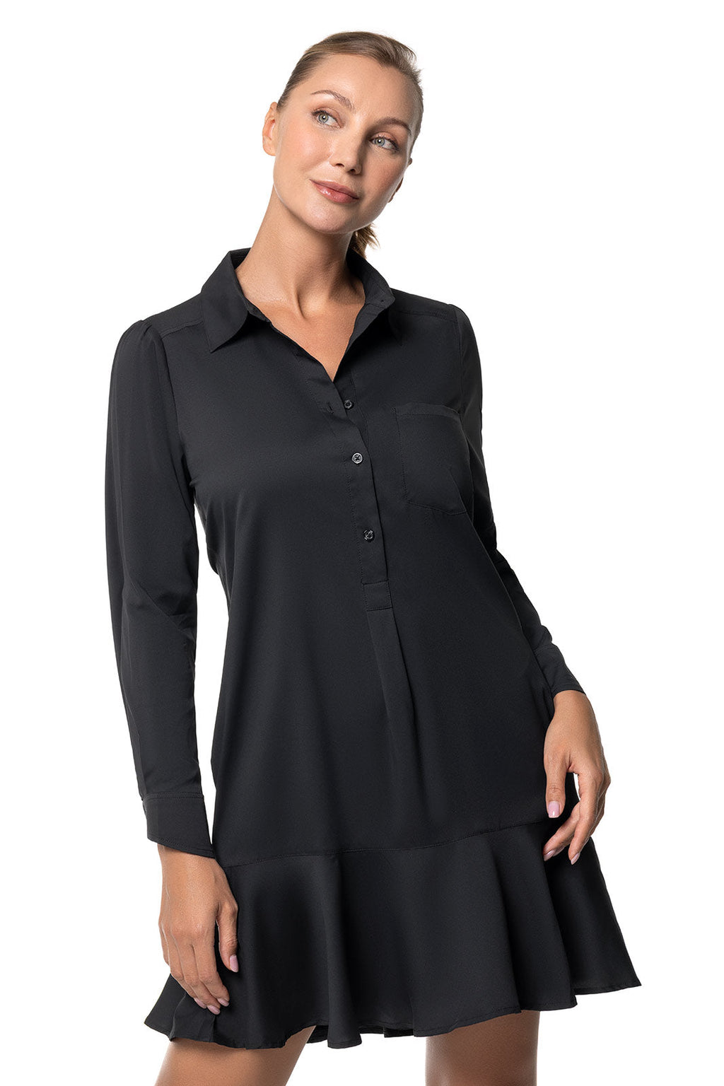 Castaneda | Women's Flared Shirt Dress with Long Sleeves | Black