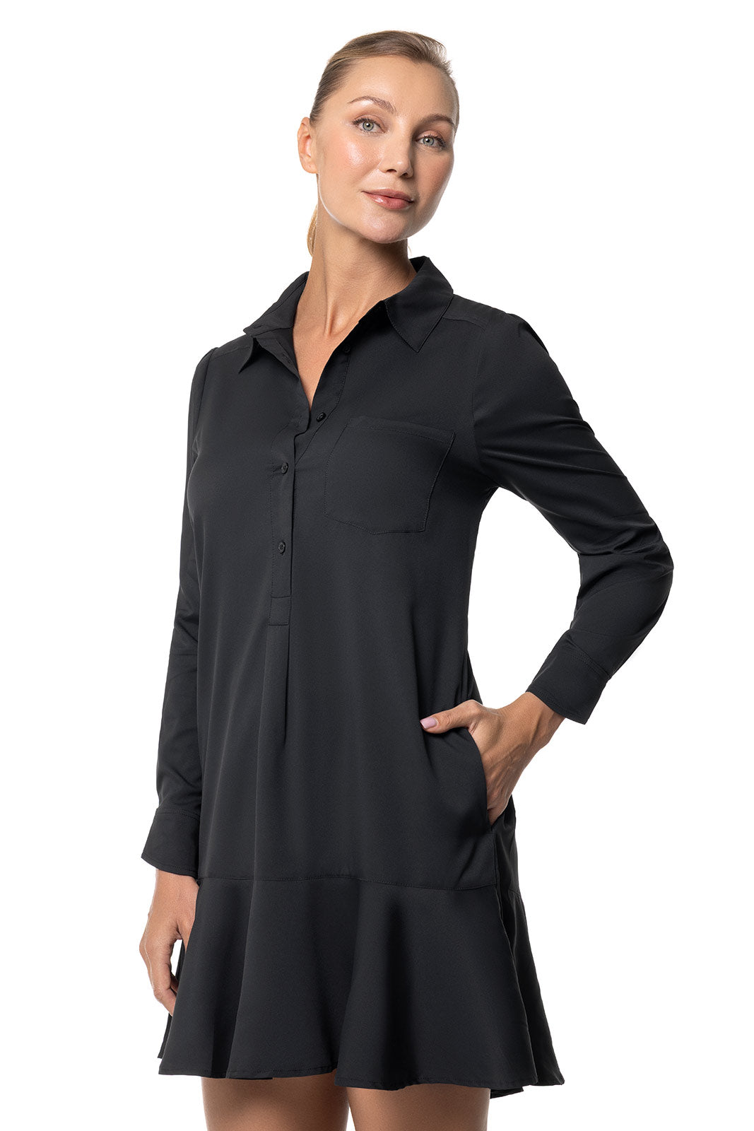 Castaneda | Women's Flared Shirt Dress with Long Sleeves | Black