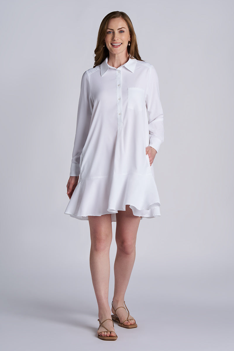 Castaneda | Women's Flared Shirt Dress with Long Sleeves | White