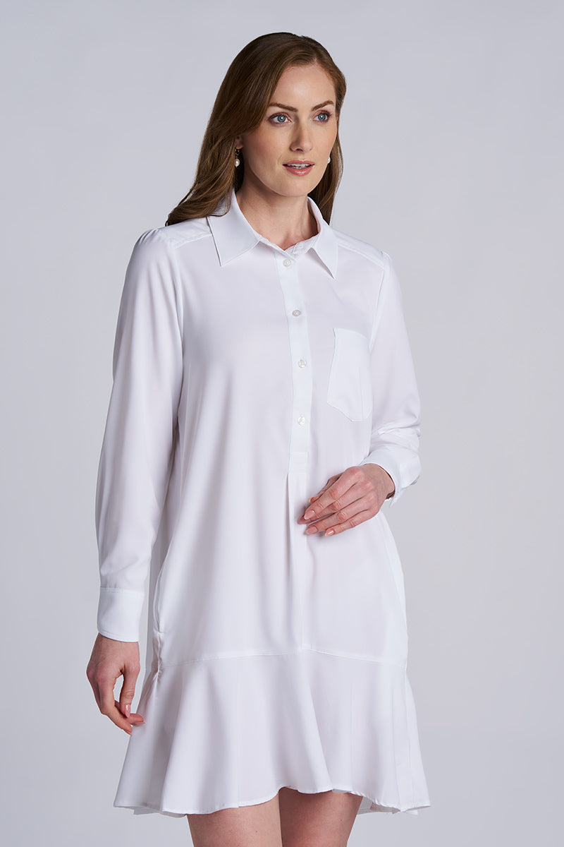Castaneda | Women's Flared Shirt Dress with Long Sleeves | White