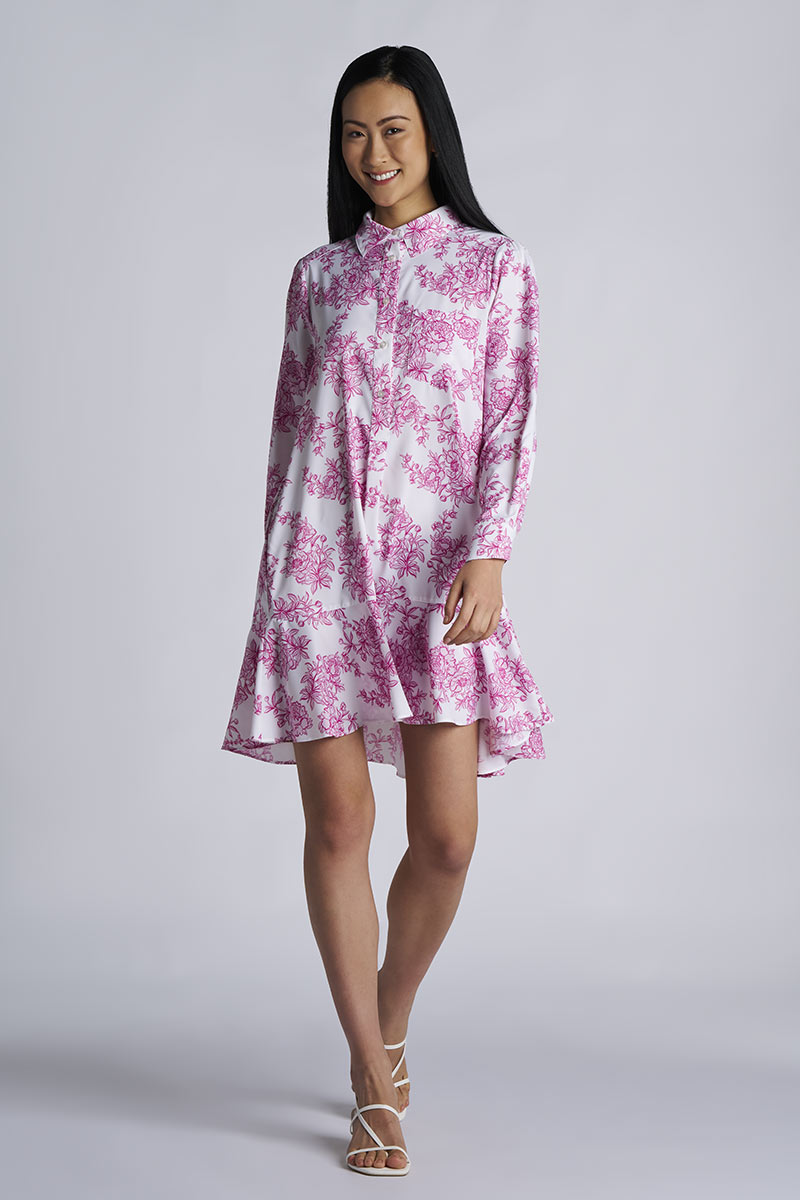Castaneda | Women's Flared Shirt Dress with Long Sleeves | Fuchsia Bouquet