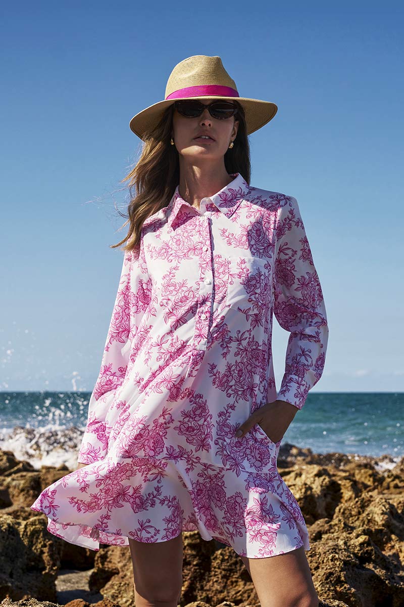 Castaneda | Women's Flared Shirt Dress with Long Sleeves | Fuchsia Bouquet