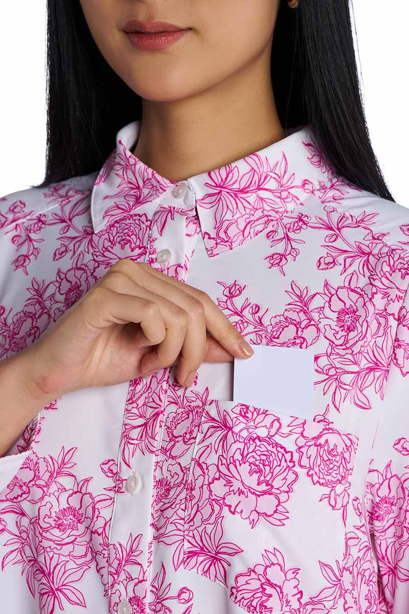Castaneda | Women's Flared Shirt Dress with Long Sleeves | Fuchsia Bouquet