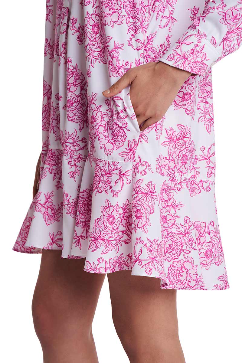 Castaneda | Women's Flared Shirt Dress with Long Sleeves | Fuchsia Bouquet