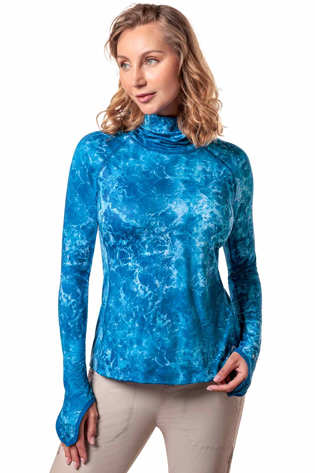 Coolibar Women's Paros Vented Fishing Hoodie, Blue Water Print