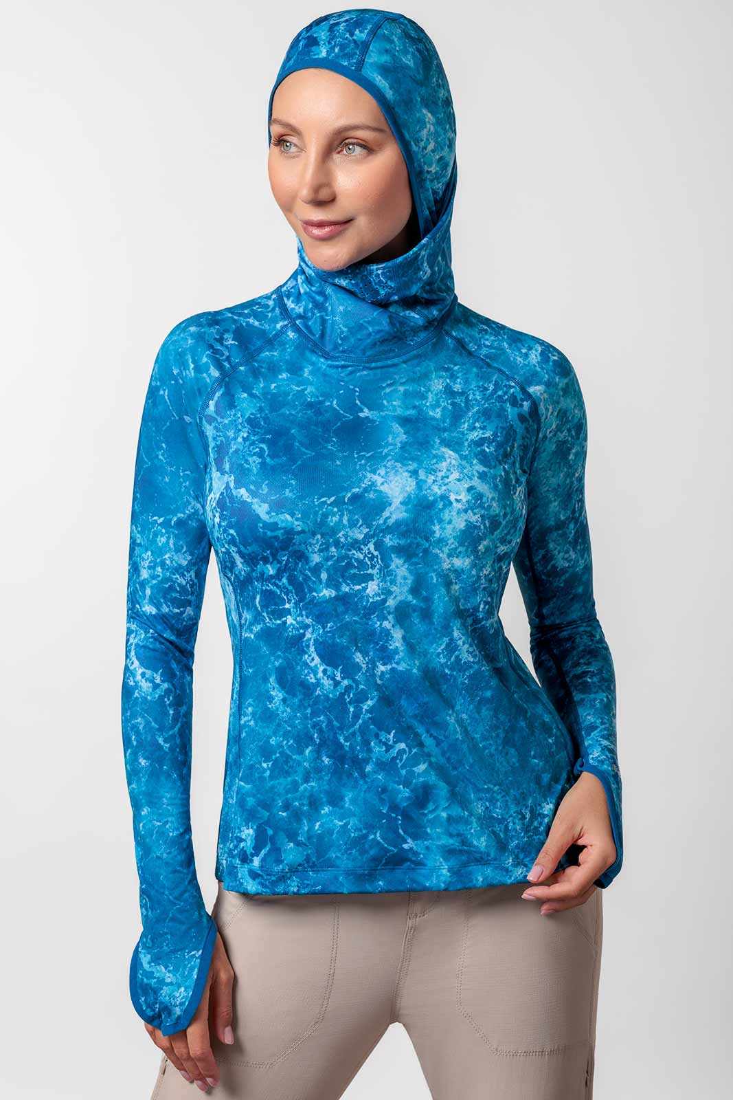 Coolibar Women's Paros Vented Fishing Hoodie, Blue Water Print