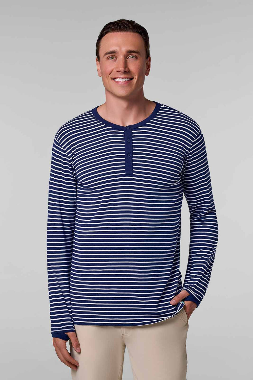 Hallandale | Men's Long Sleeve Henley T-Shirt | Navy/White Stripe
