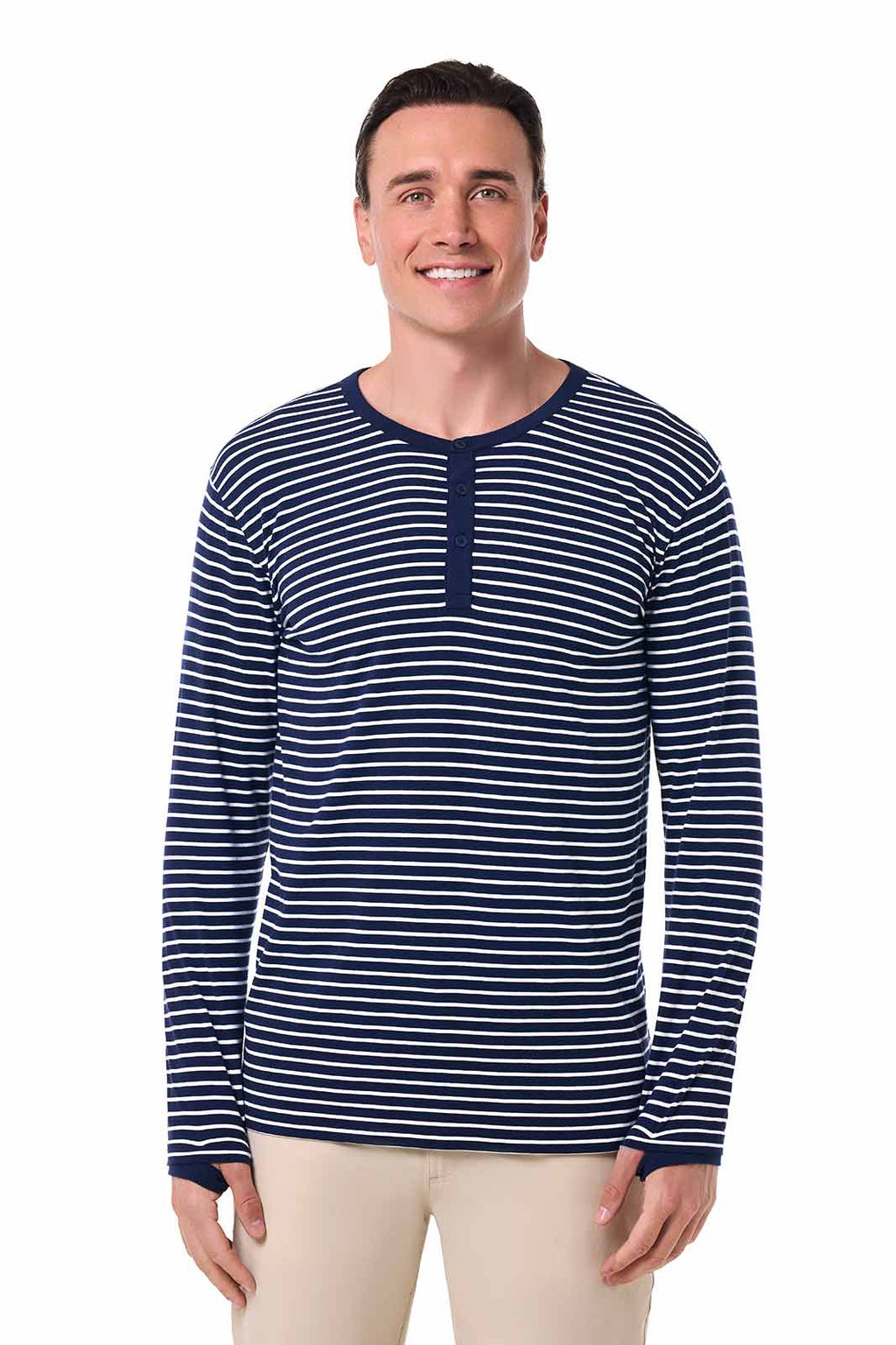 Hallandale | Men's Long Sleeve Henley T-Shirt | Navy/White Stripe
