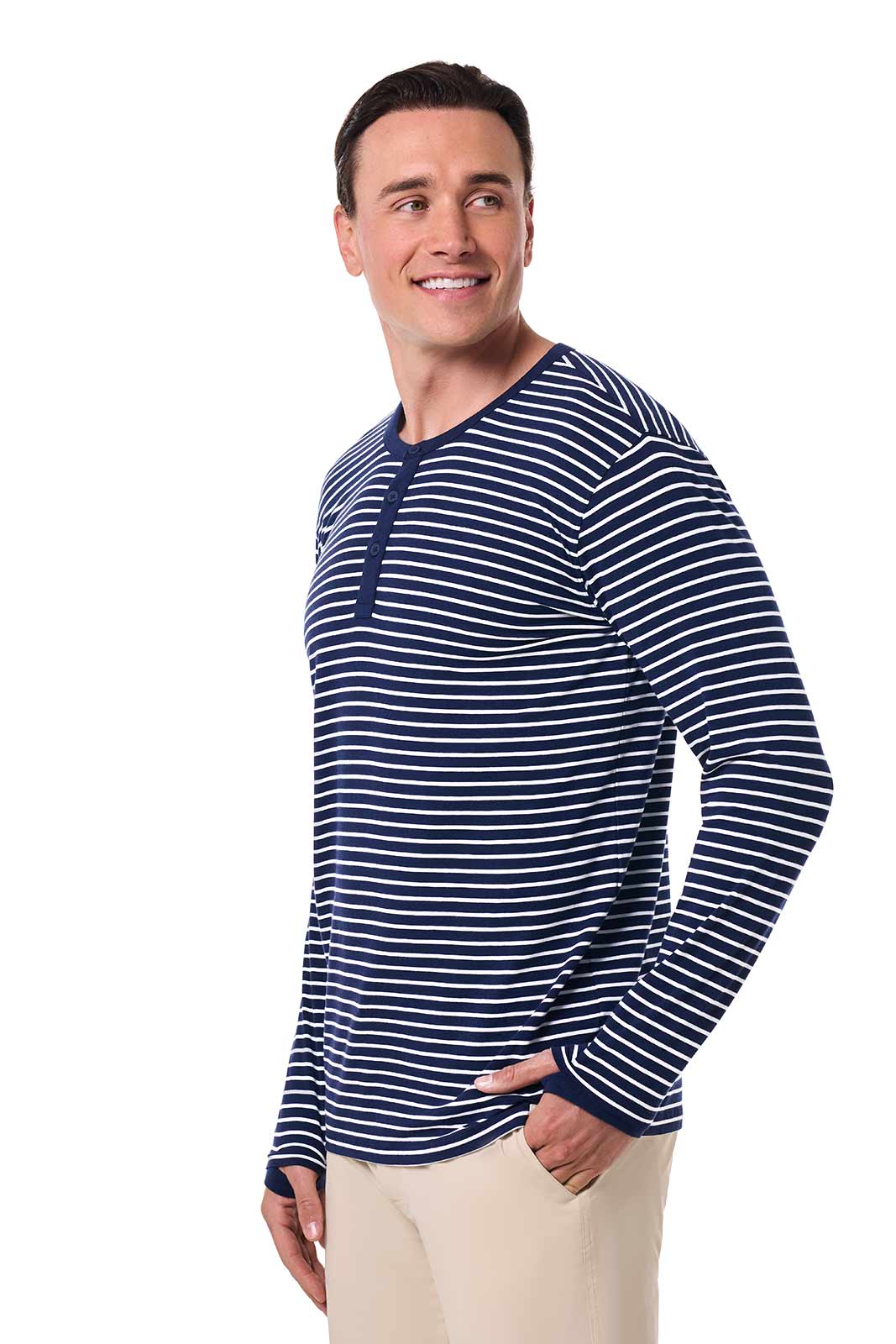 Hallandale | Men's Long Sleeve Henley T-Shirt | Navy/White Stripe