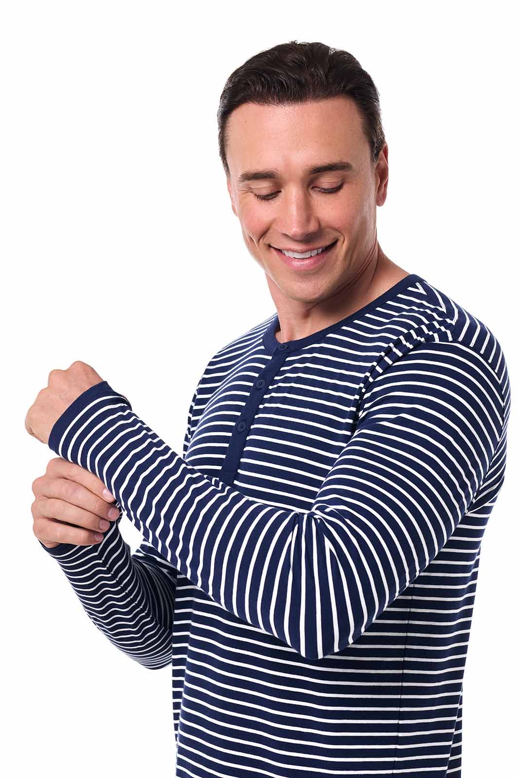 Hallandale | Men's Long Sleeve Henley T-Shirt | Navy/White Stripe