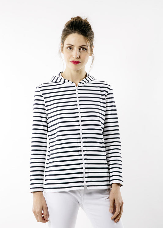 Saint James Plougastel Ii Striped Hoodie Jacket In Stretch Fabric With Uv Protection White Navy