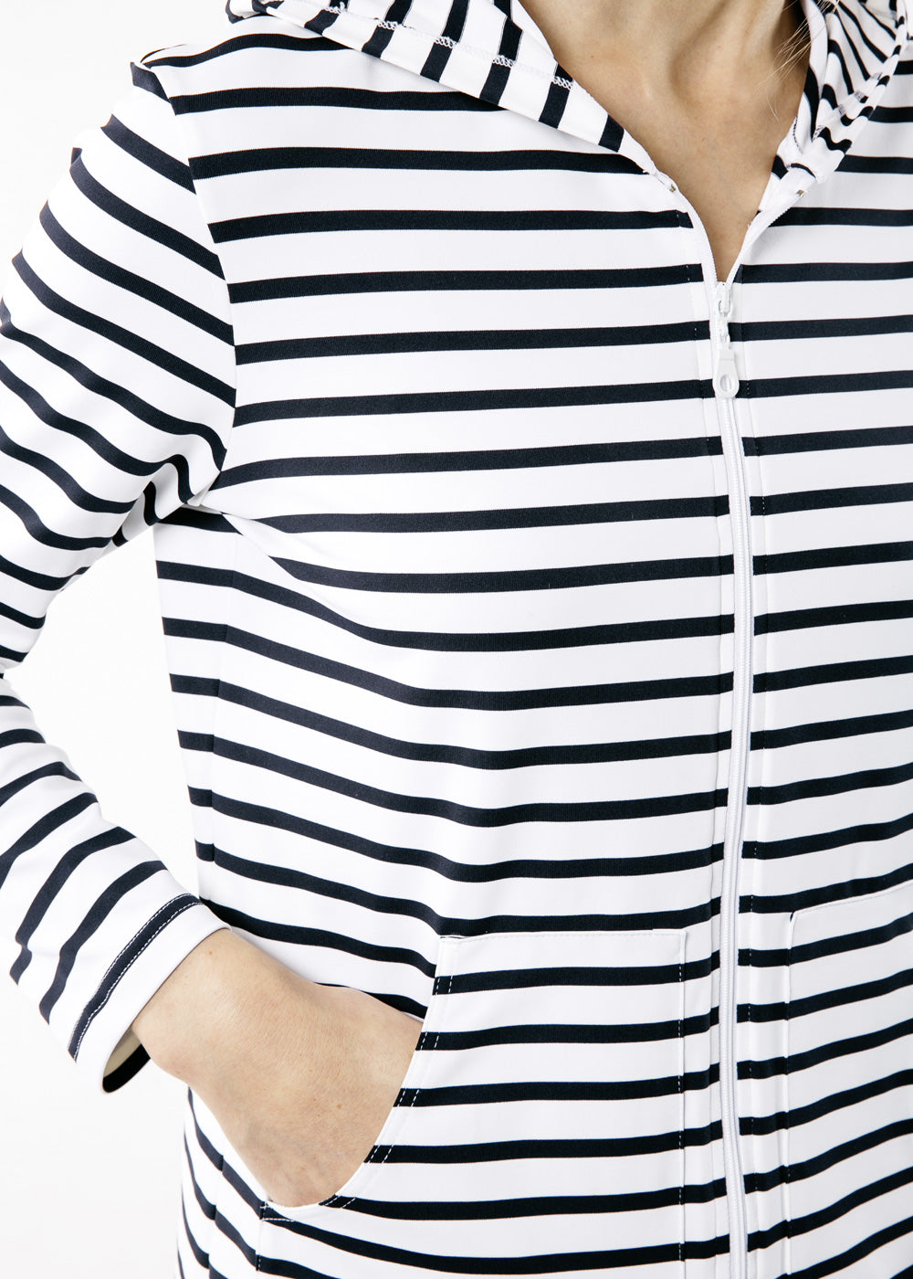 Saint James PLOUGASTEL II - Striped Hoodie Jacket in Stretch Fabric with UV Protection (WHITE / NAVY)