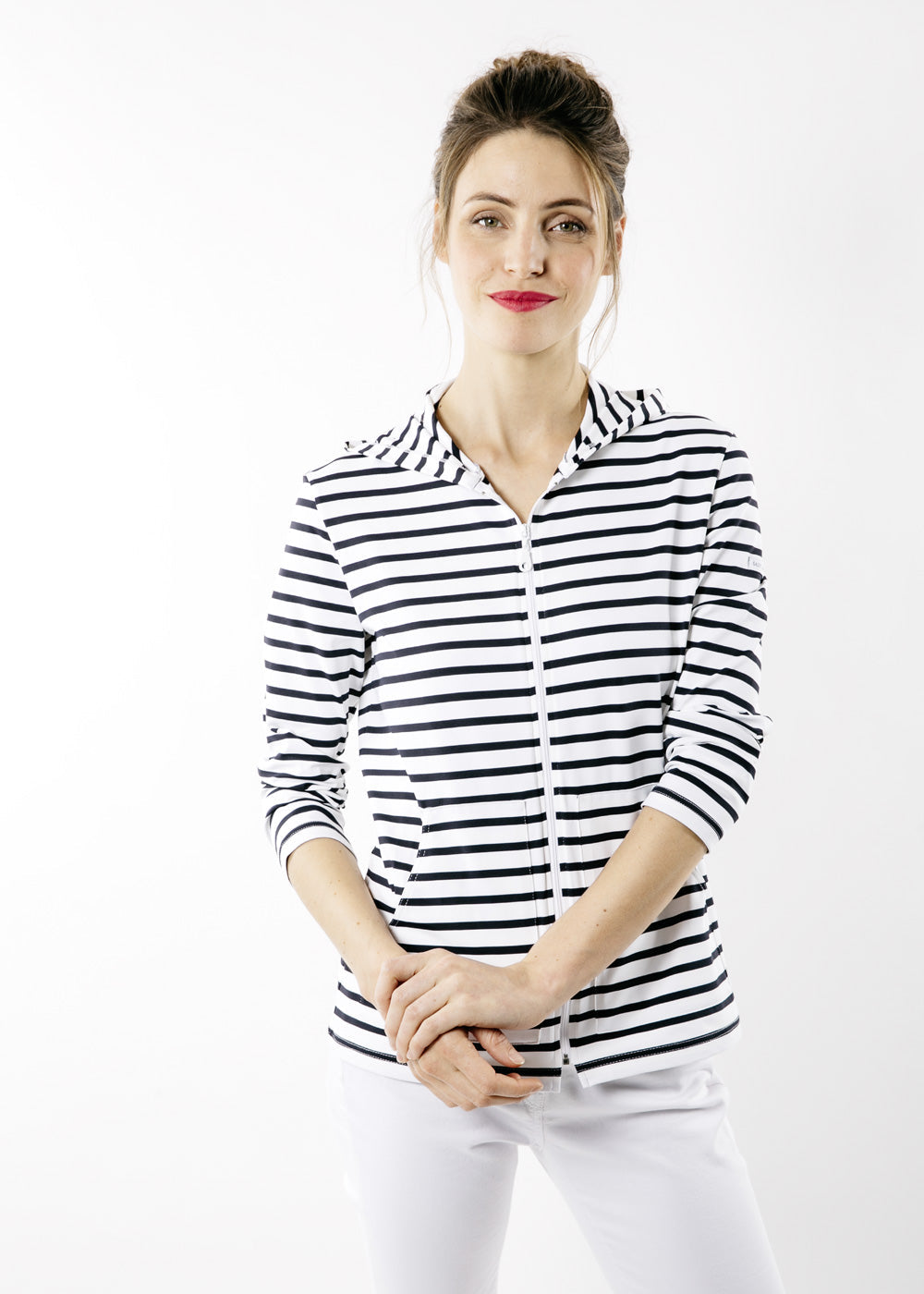 Saint James PLOUGASTEL II - Striped Hoodie Jacket in Stretch Fabric with UV Protection (WHITE / NAVY)