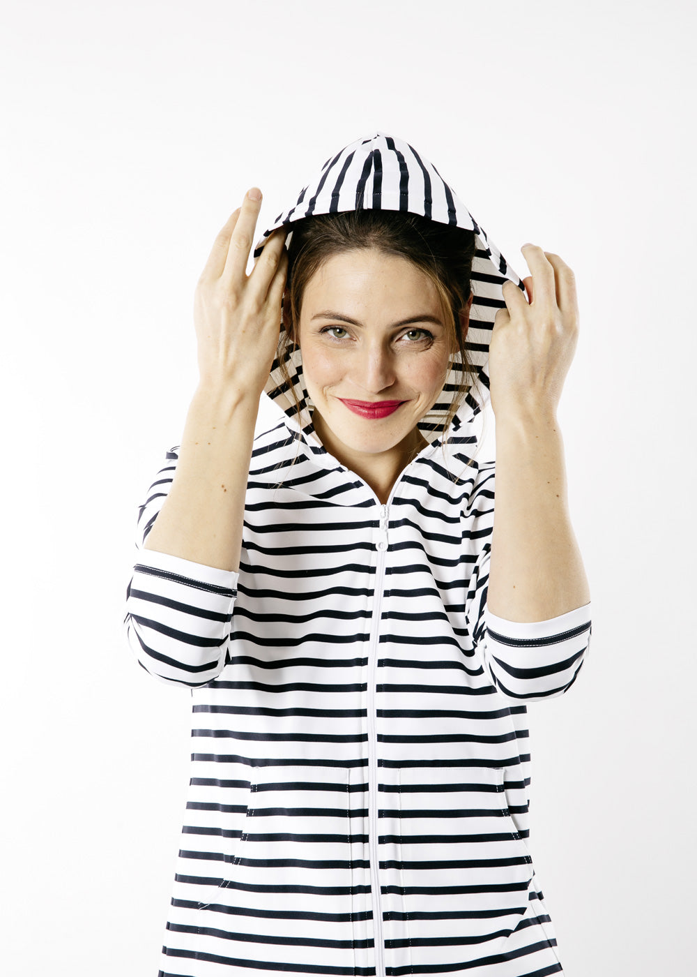 Saint James PLOUGASTEL II - Striped Hoodie Jacket in Stretch Fabric with UV Protection (WHITE / NAVY)