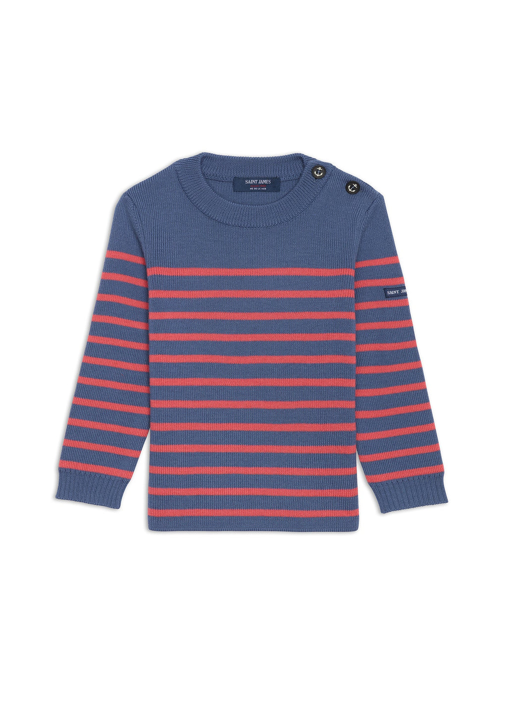 Saint James MOUSSAILLON KIDS - Striped Sailor Sweater With Buttons  for Kids | Blended Wool (DENIM BLUE / CORAL)