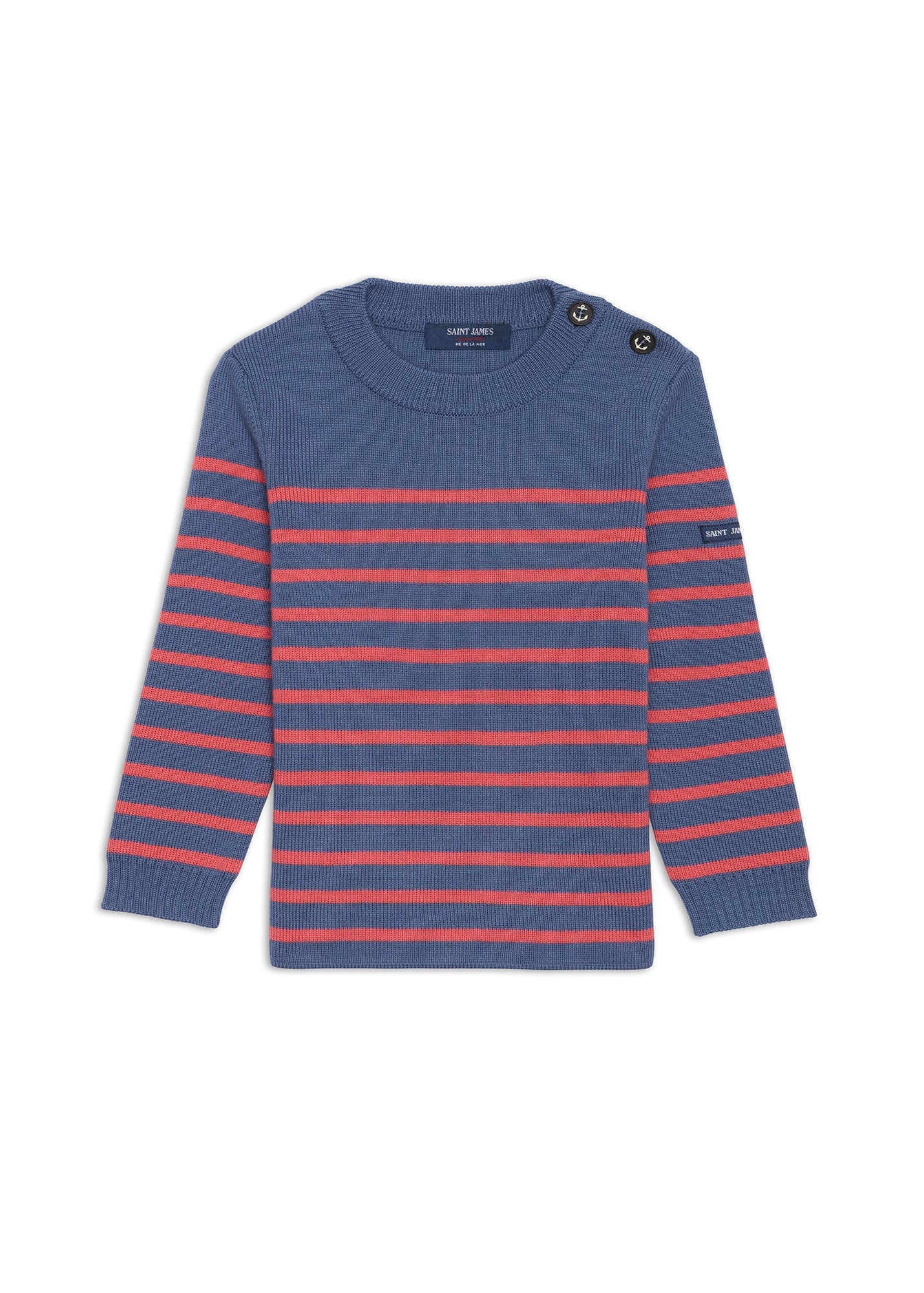 Saint James MOUSSAILLON KIDS - Striped Sailor Sweater With Buttons  for Kids | Blended Wool (DENIM BLUE / CORAL)