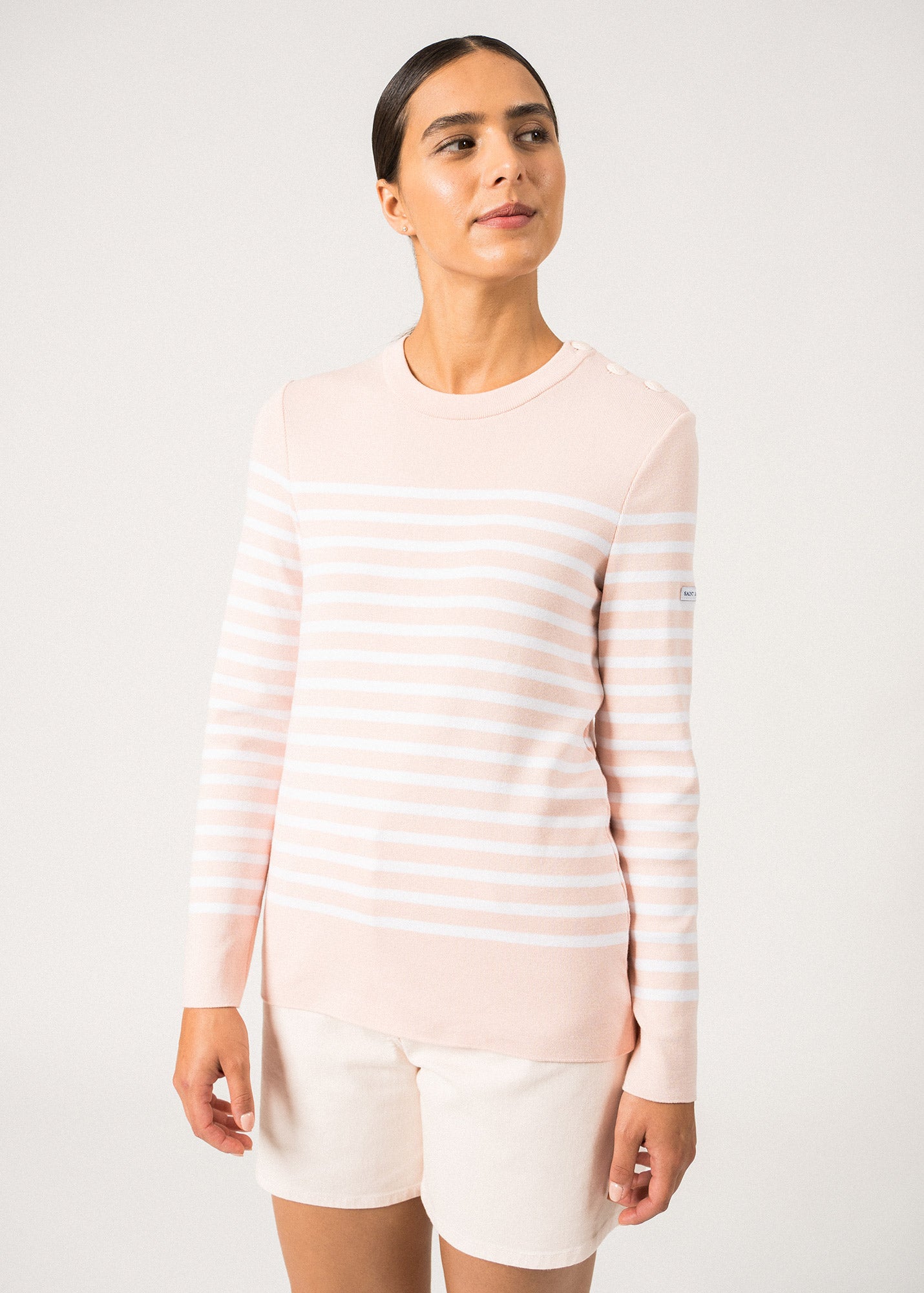 Saint James Avignon Striped Sweater With Button Shoulder For Women 100% Organic Cotton Pale Pink White