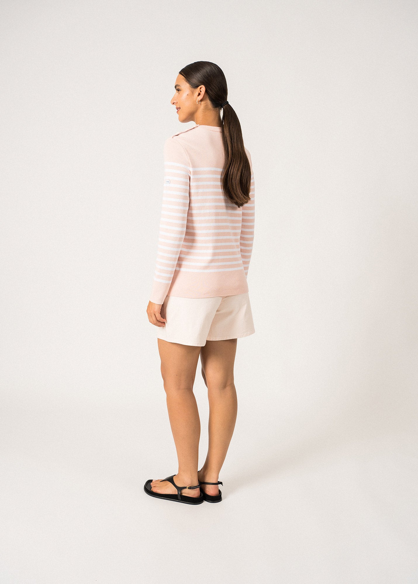 Saint James Avignon Striped Sweater With Button Shoulder For Women 100% Organic Cotton Pale Pink White