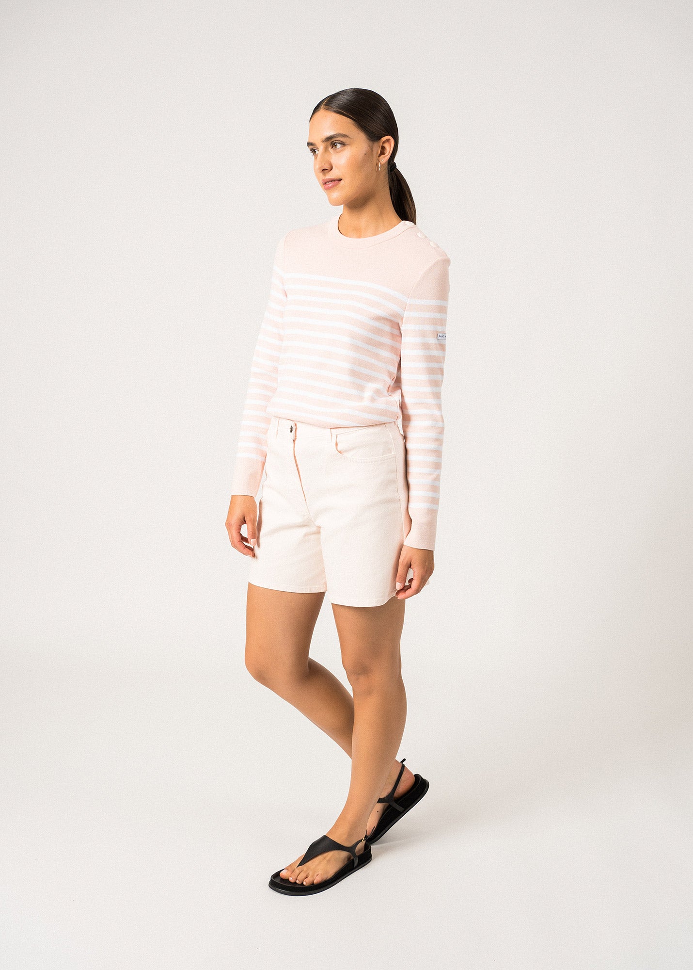 Saint James Avignon Striped Sweater With Button Shoulder For Women 100% Organic Cotton Pale Pink White