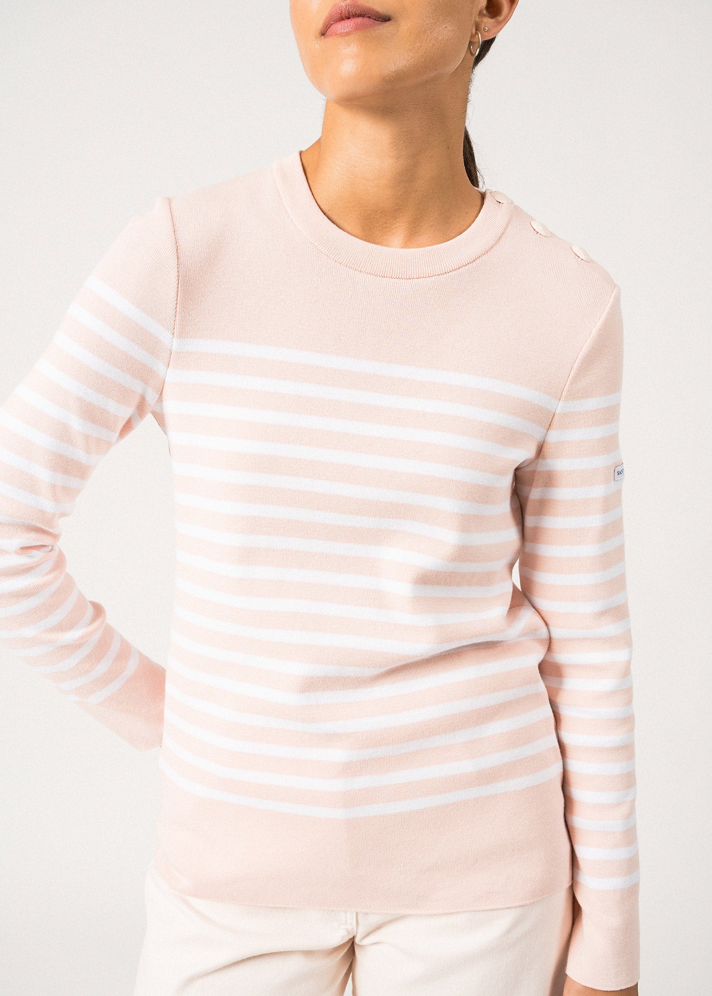 Saint James Avignon Striped Sweater With Button Shoulder For Women 100% Organic Cotton Pale Pink White