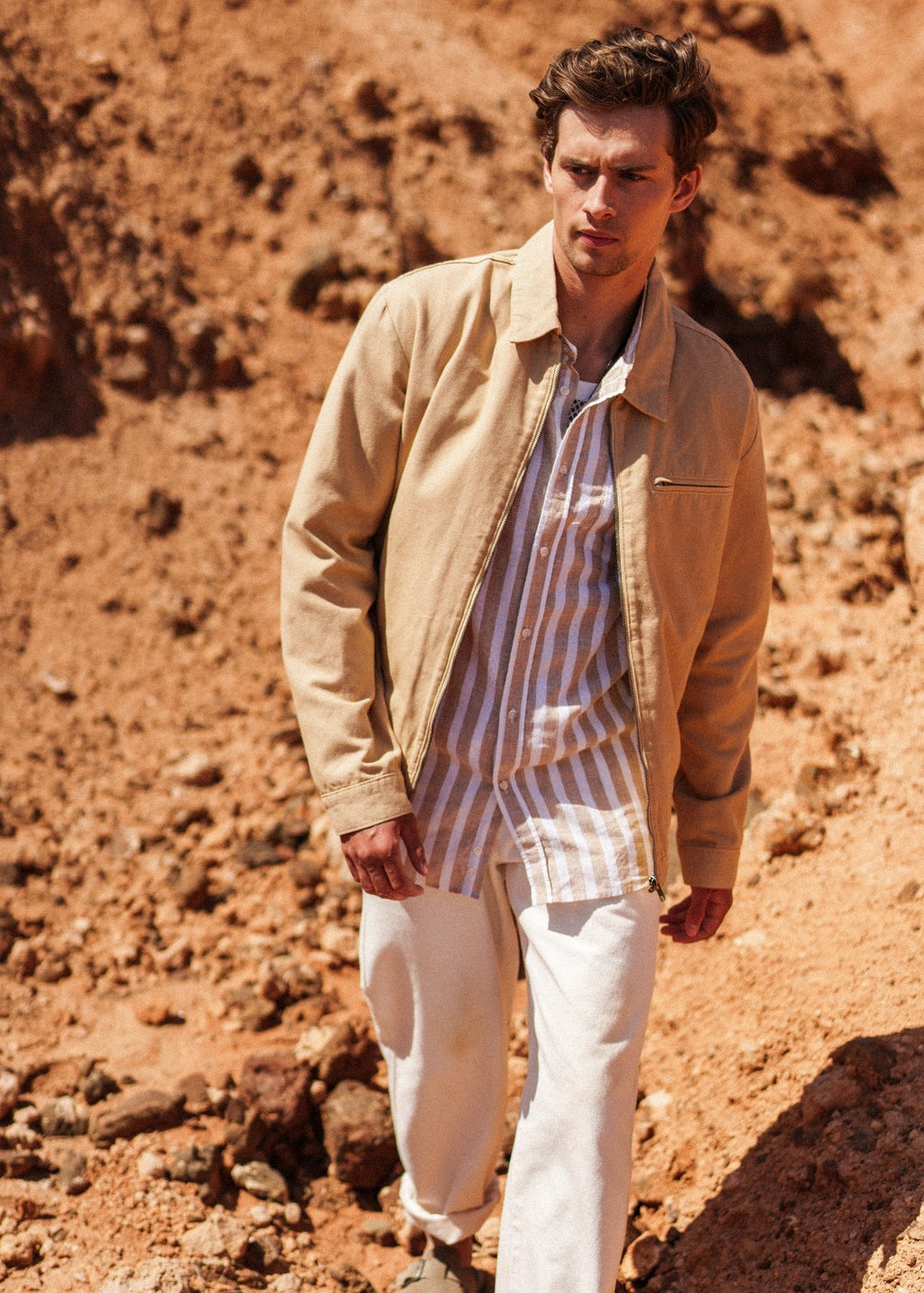 Saint James LIAM Striped Linen & Cotton Shirt (WHITE / BEIGE)