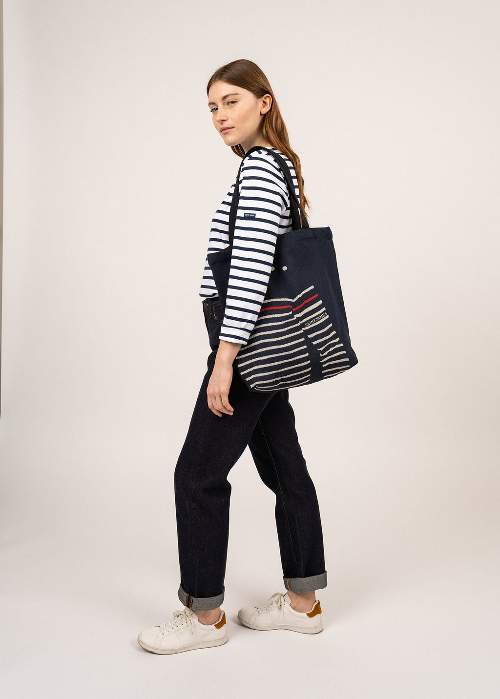 Saint James STRIPED TOTE BAG - Tote Bag in Recycled Cotton (NAVY / ECRU)