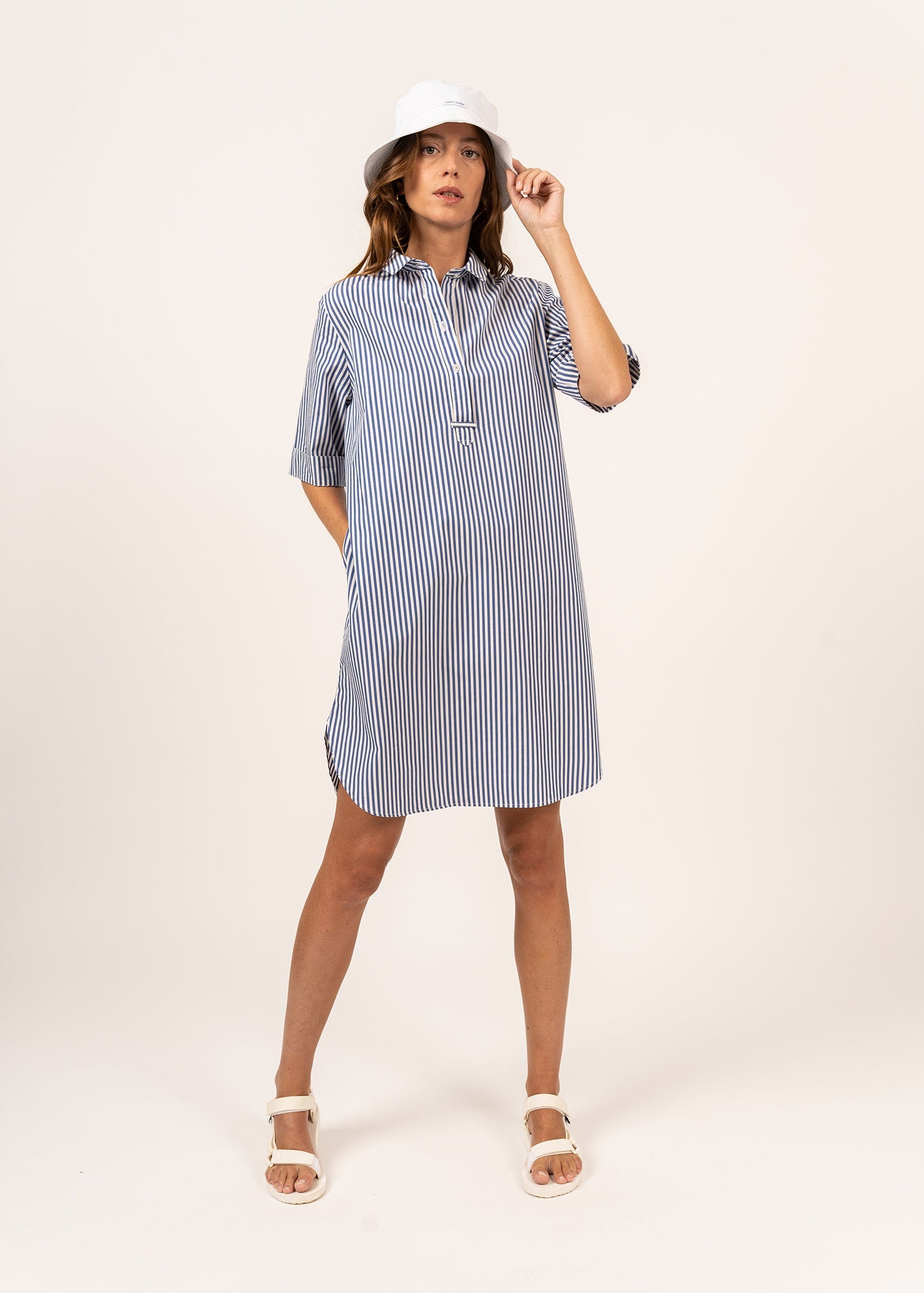Saint James LEONIE - Pinstriped Shirt Dress in Organic Cotton (WHITE / BLUE)