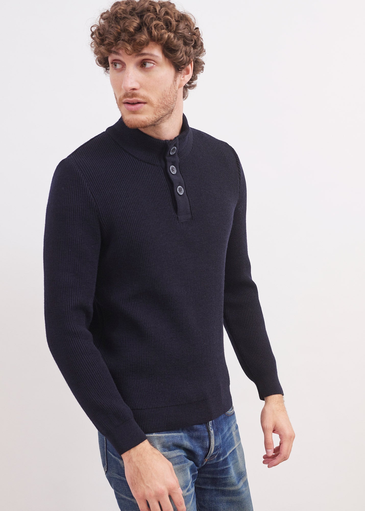 Saint James Bourboule Buttoned High Collar Sweater For Men Comfort Fit 100% Wool Navy