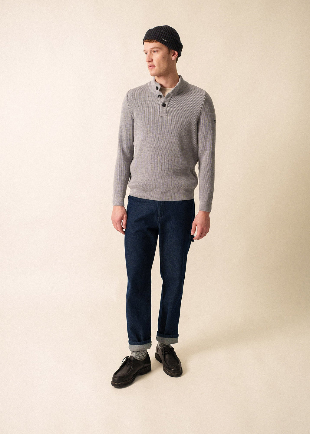 Saint James BOURBOULE - Buttoned High Collar Sweater for Men | Comfort Fit | 100% Wool (LIGHT GRAY)