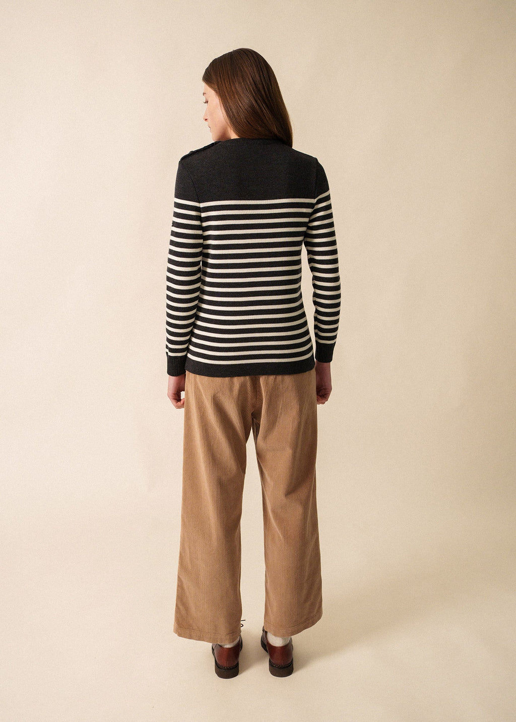 Saint James ROCHEFORT - Striped Breton Sweater With Button Shoulder for Women  | 100% Comfort Wool (CHARCOAL / IVORY)