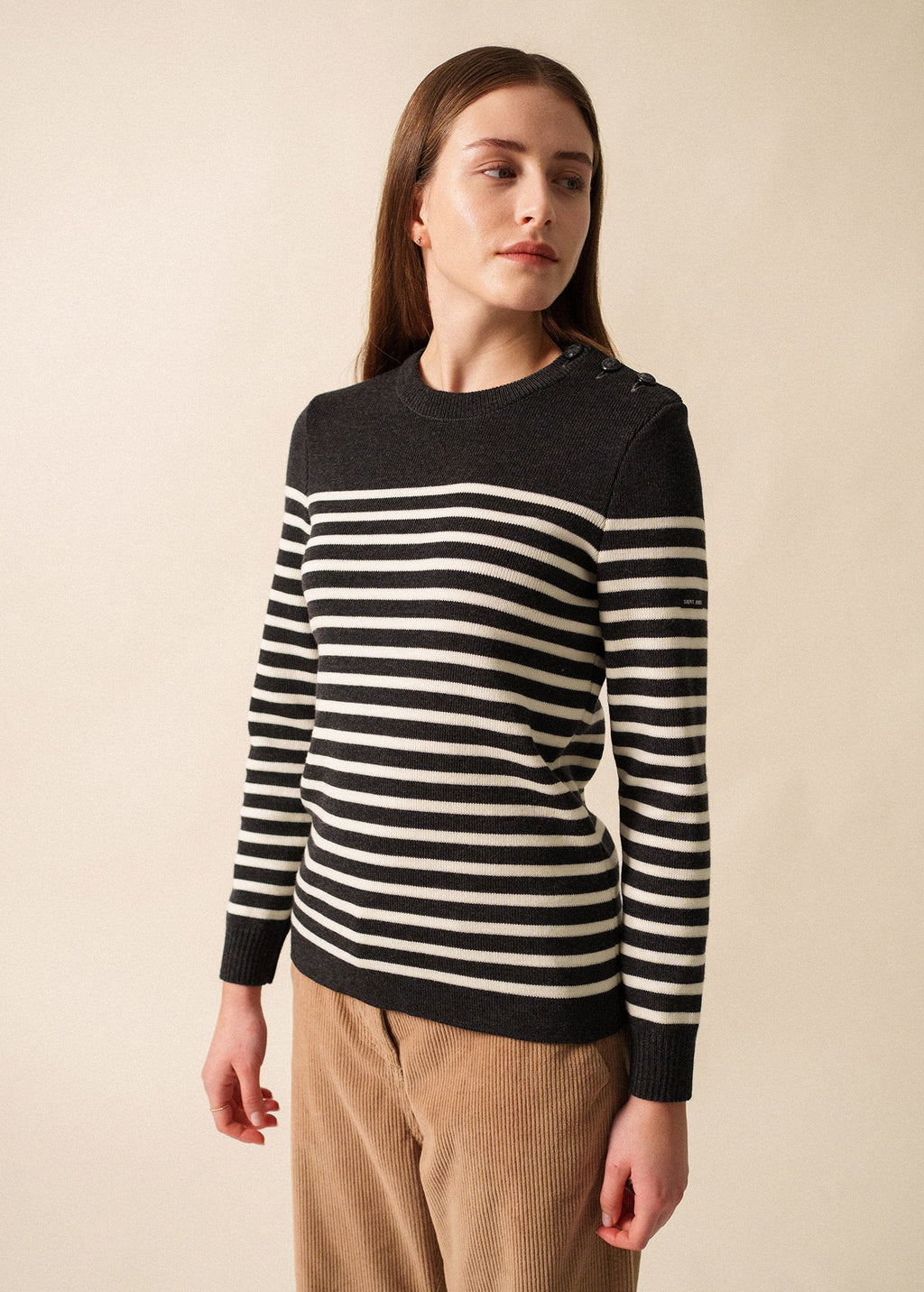 Saint James ROCHEFORT - Striped Breton Sweater With Button Shoulder for Women  | 100% Comfort Wool (CHARCOAL / IVORY)