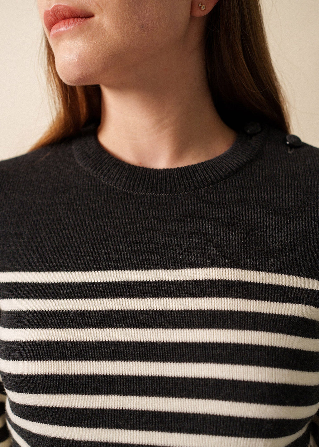 Saint James ROCHEFORT - Striped Breton Sweater With Button Shoulder for Women  | 100% Comfort Wool (CHARCOAL / IVORY)