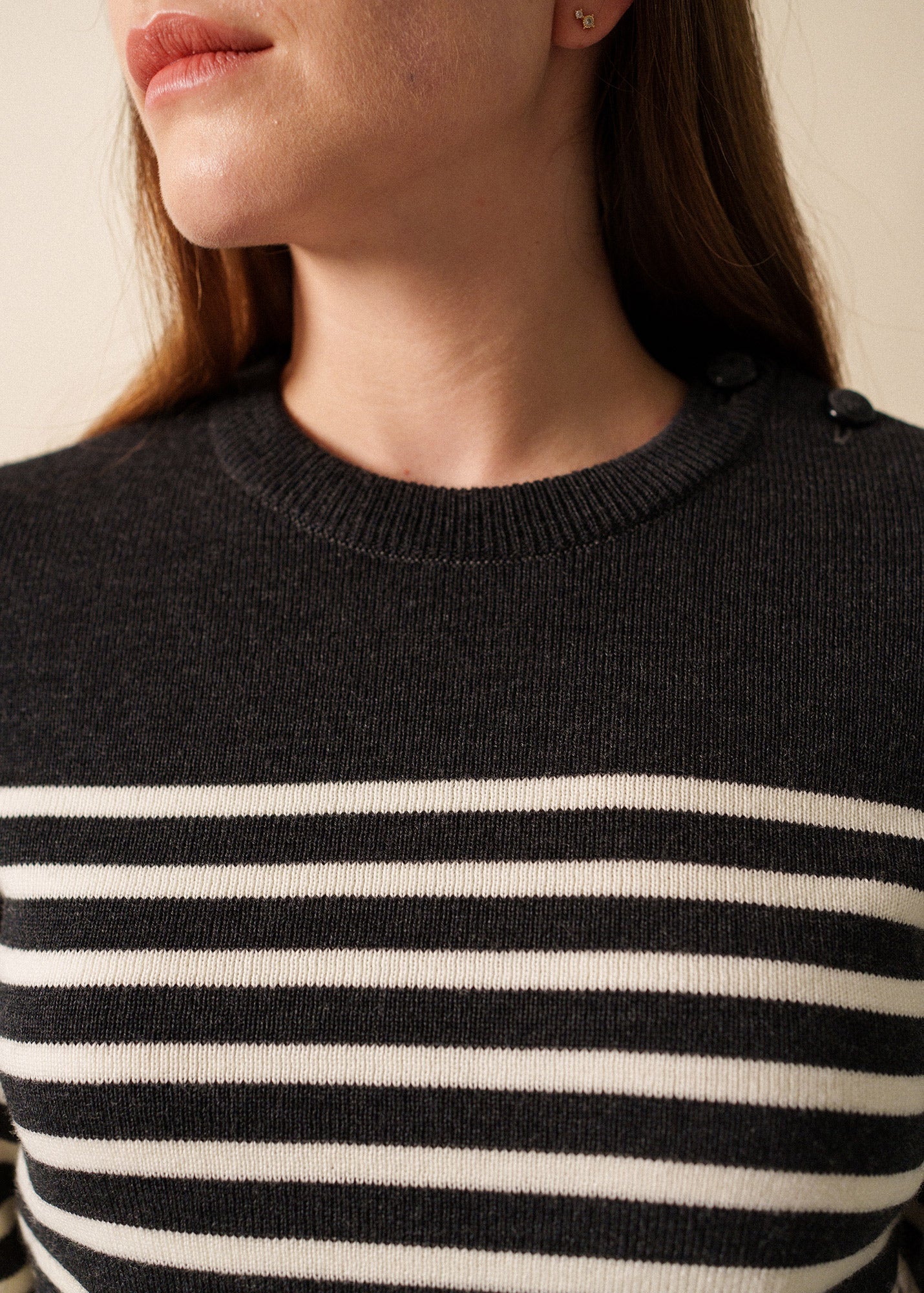 Saint James ROCHEFORT - Striped Breton Sweater With Button Shoulder for Women  | 100% Comfort Wool (CHARCOAL / IVORY)