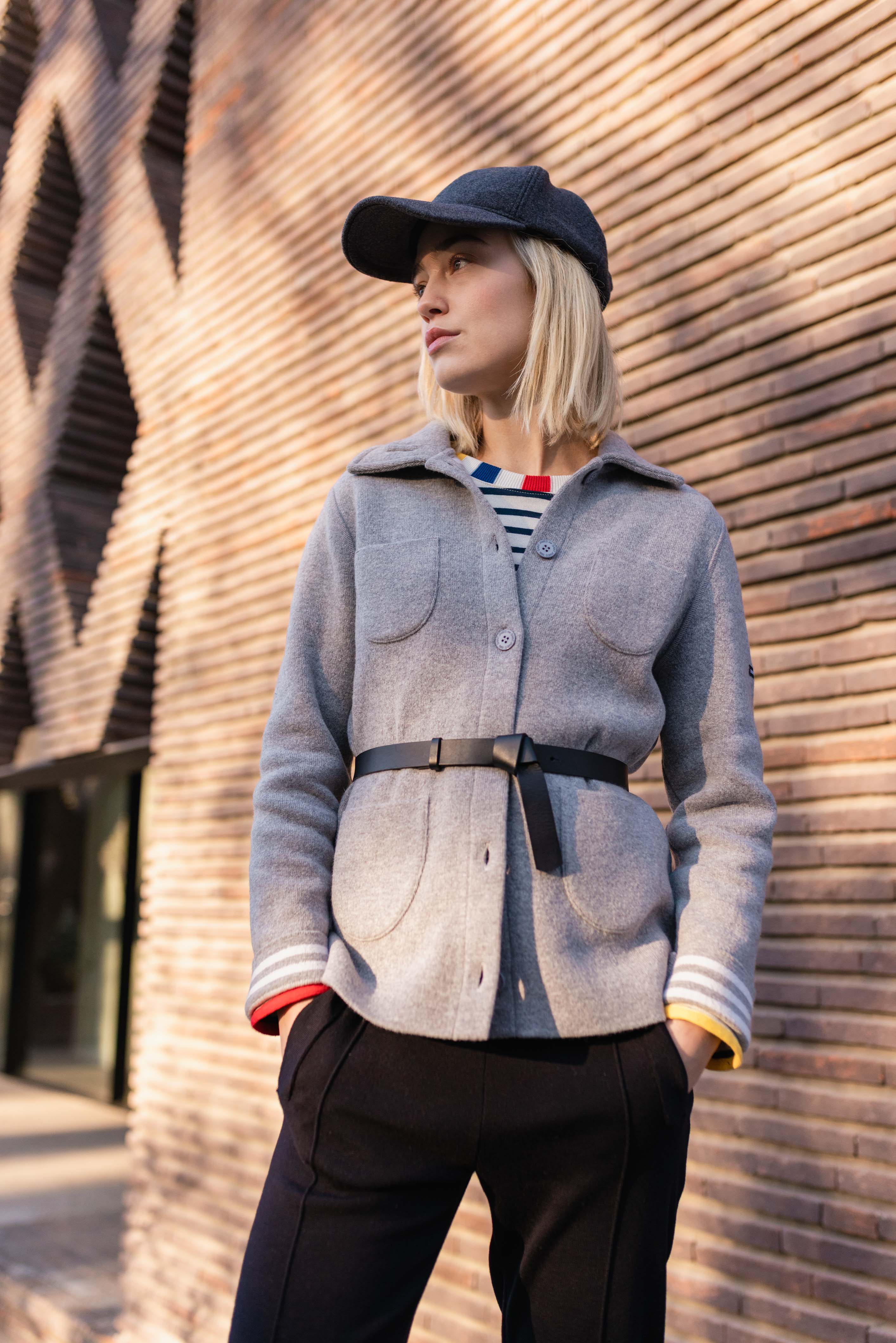 Saint James NASHVILLE - Short Buttoned Jacket with Patch Pockets for Women (LIGHT GREY / WINTER WHITE)