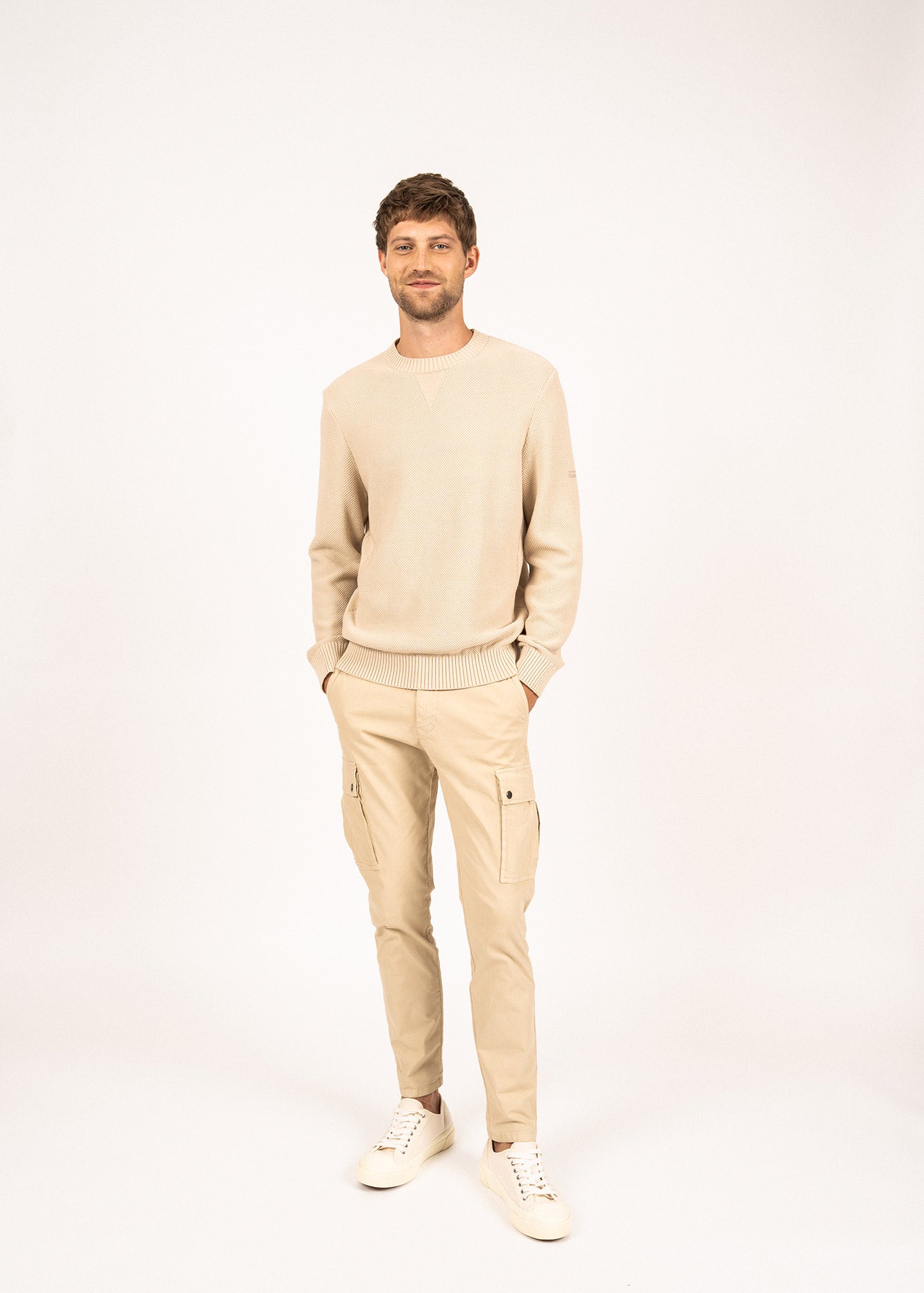 Saint James Jobourg Cotton Sweater In Moss Stitch For Men Oatmeal