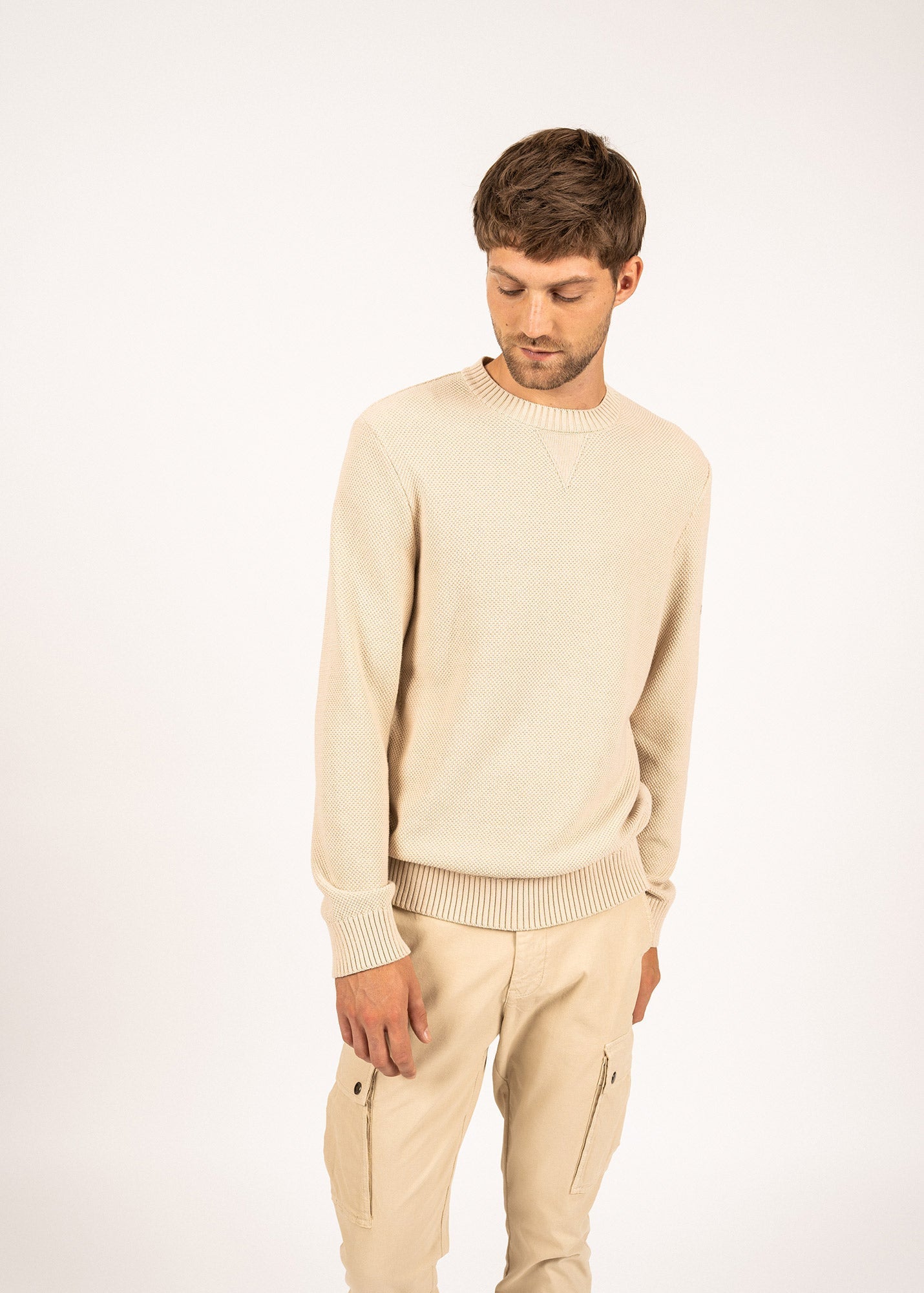 Saint James Jobourg Cotton Sweater In Moss Stitch For Men Oatmeal