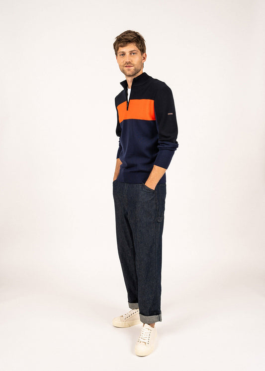 Saint James Bayeux Quarter Zip Sweater 100% Wool Dark Blue Navy Neon Orange