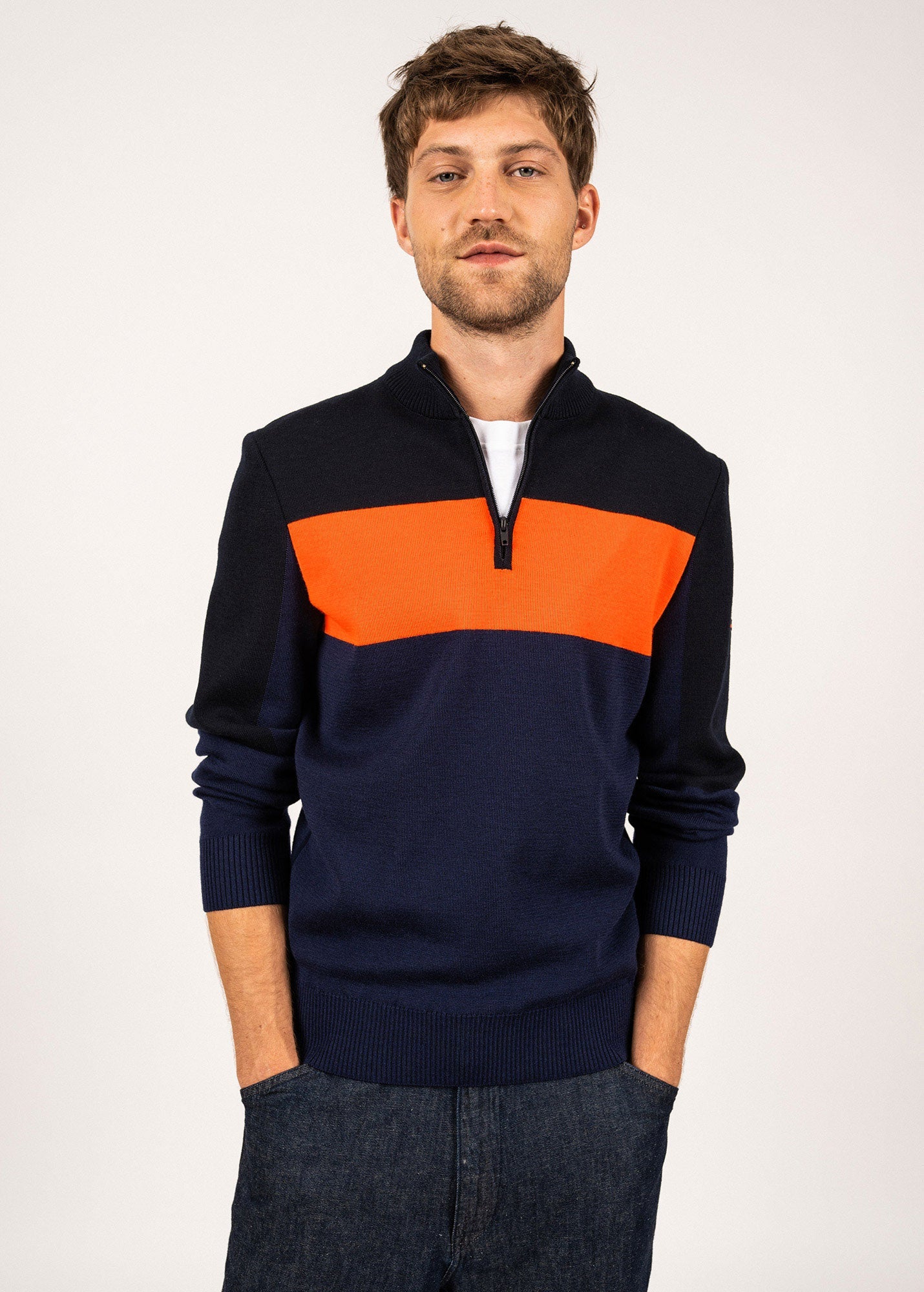 Saint James Bayeux Quarter Zip Sweater 100% Wool Dark Blue Navy Neon Orange