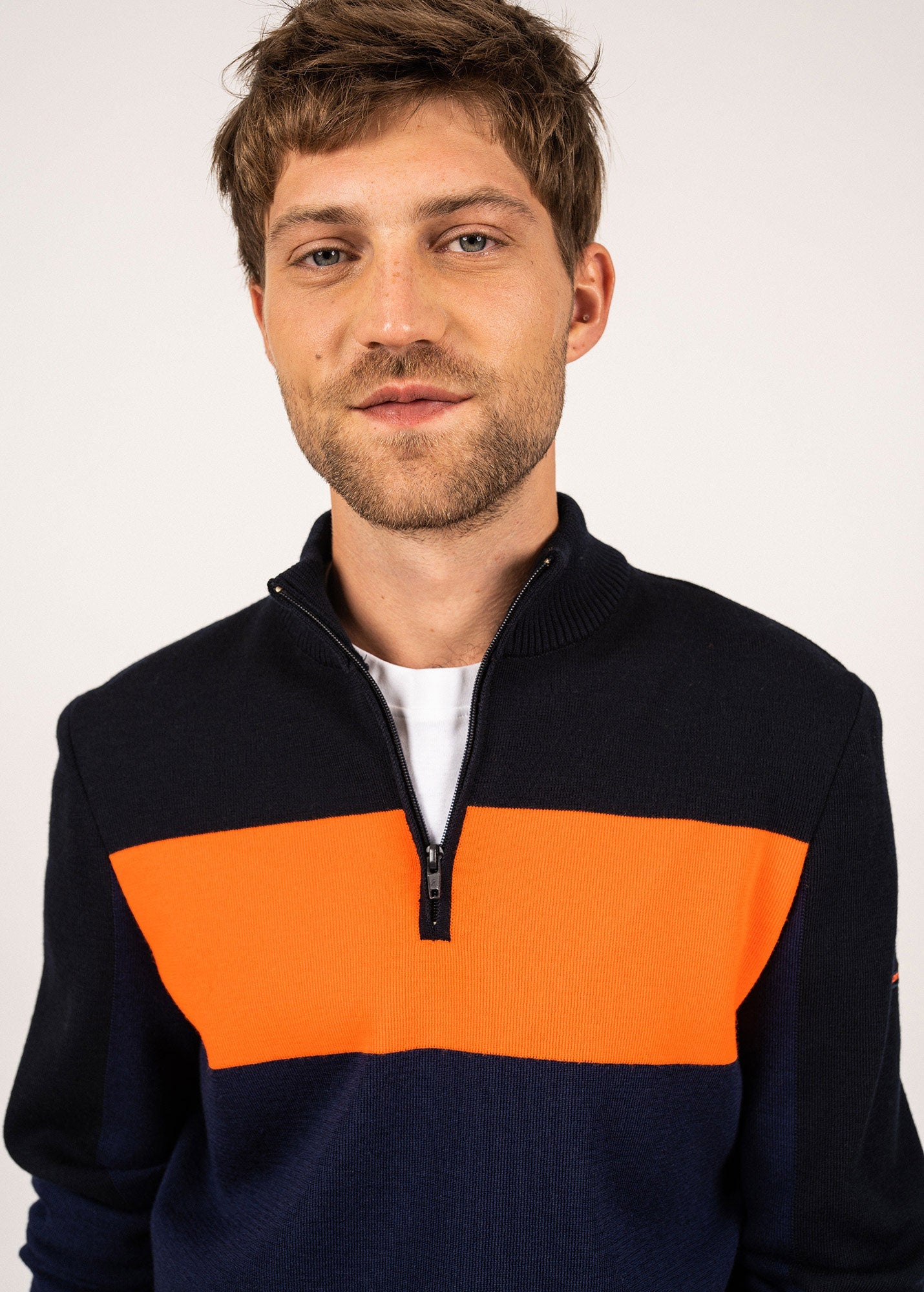 Saint James Bayeux Quarter Zip Sweater 100% Wool Dark Blue Navy Neon Orange