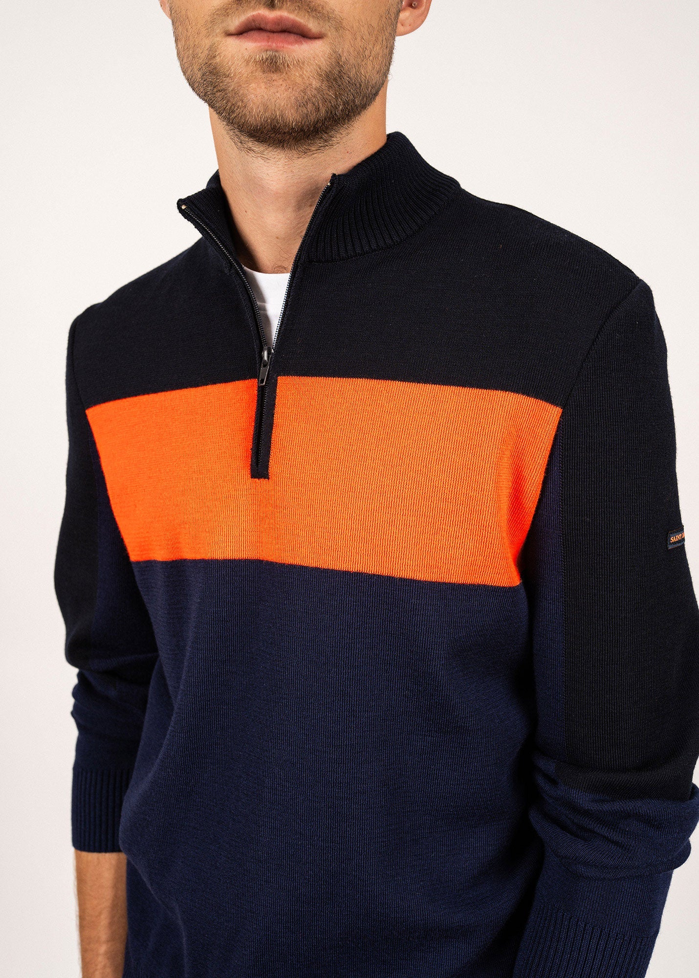Saint James Bayeux Quarter Zip Sweater 100% Wool Dark Blue Navy Neon Orange