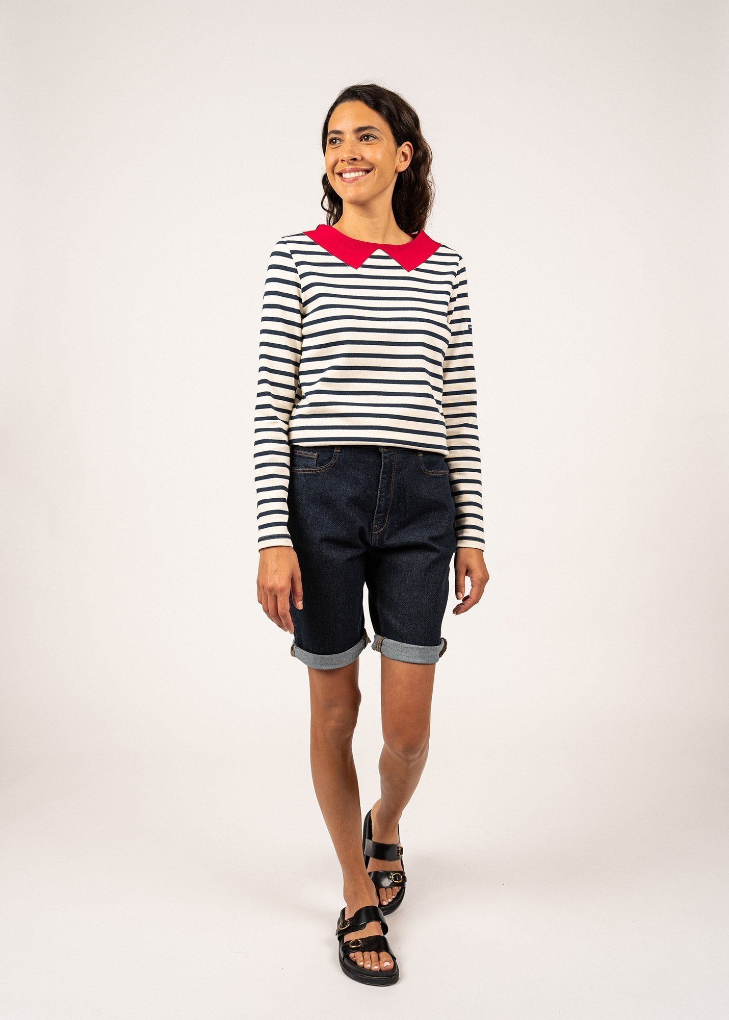Saint James Vire Breton Striped Shirt With Collar For Women Heavyweight Cotton Ecru Navy Red
