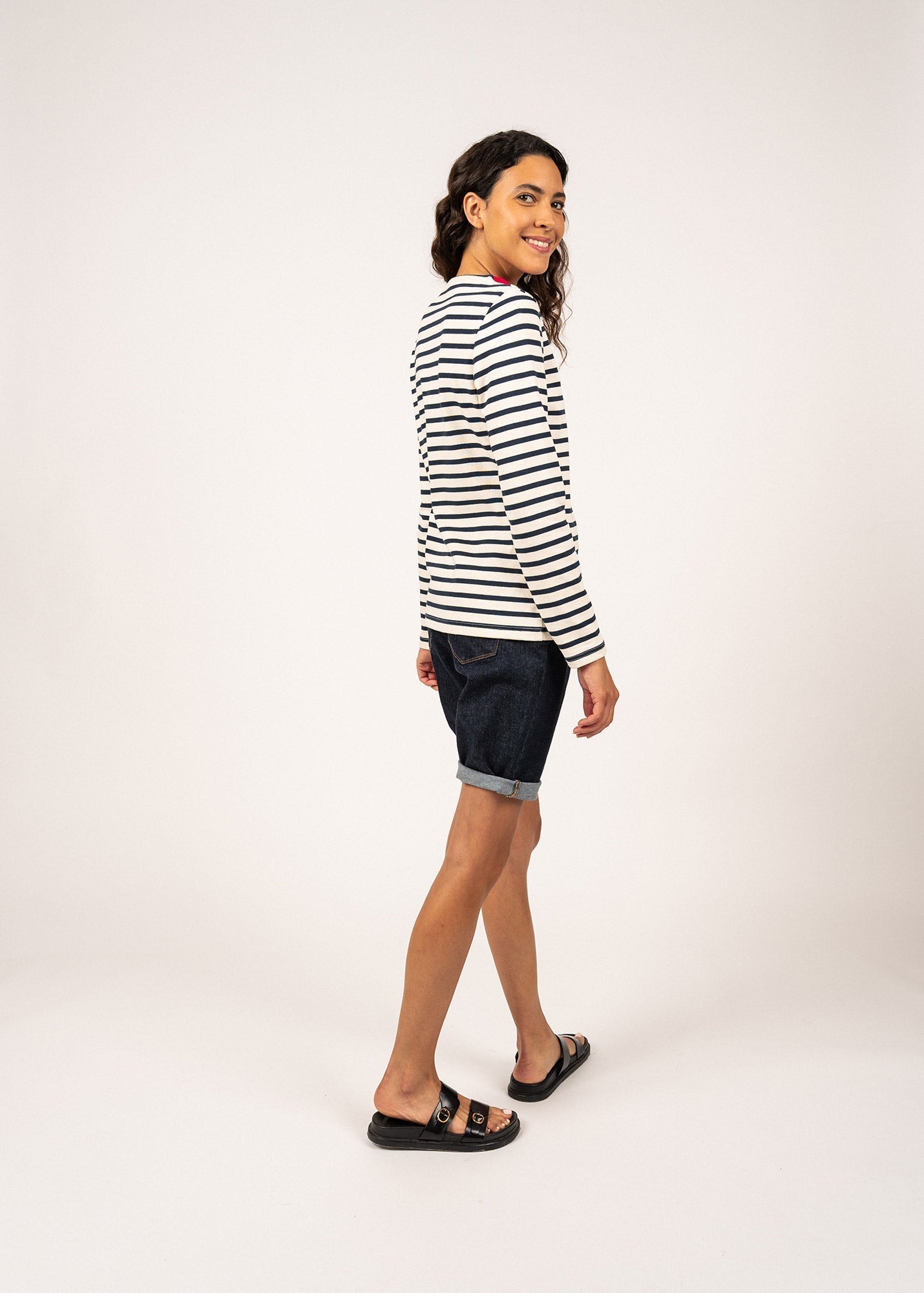 Saint James Vire Breton Striped Shirt With Collar For Women Heavyweight Cotton Ecru Navy Red