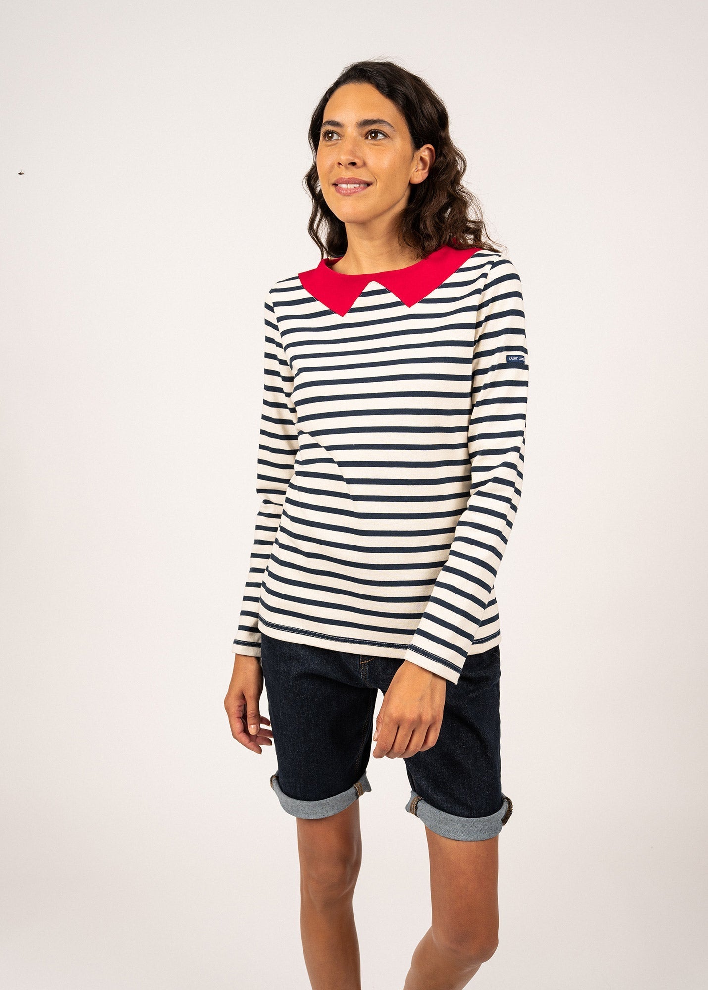 Saint James Vire Breton Striped Shirt With Collar For Women Heavyweight Cotton Ecru Navy Red