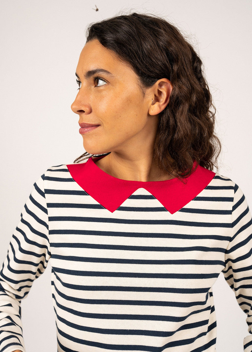 Saint James VIRE - Breton Striped Shirt with Collar for Women| Heavyweight Cotton (ECRU / NAVY / RED)