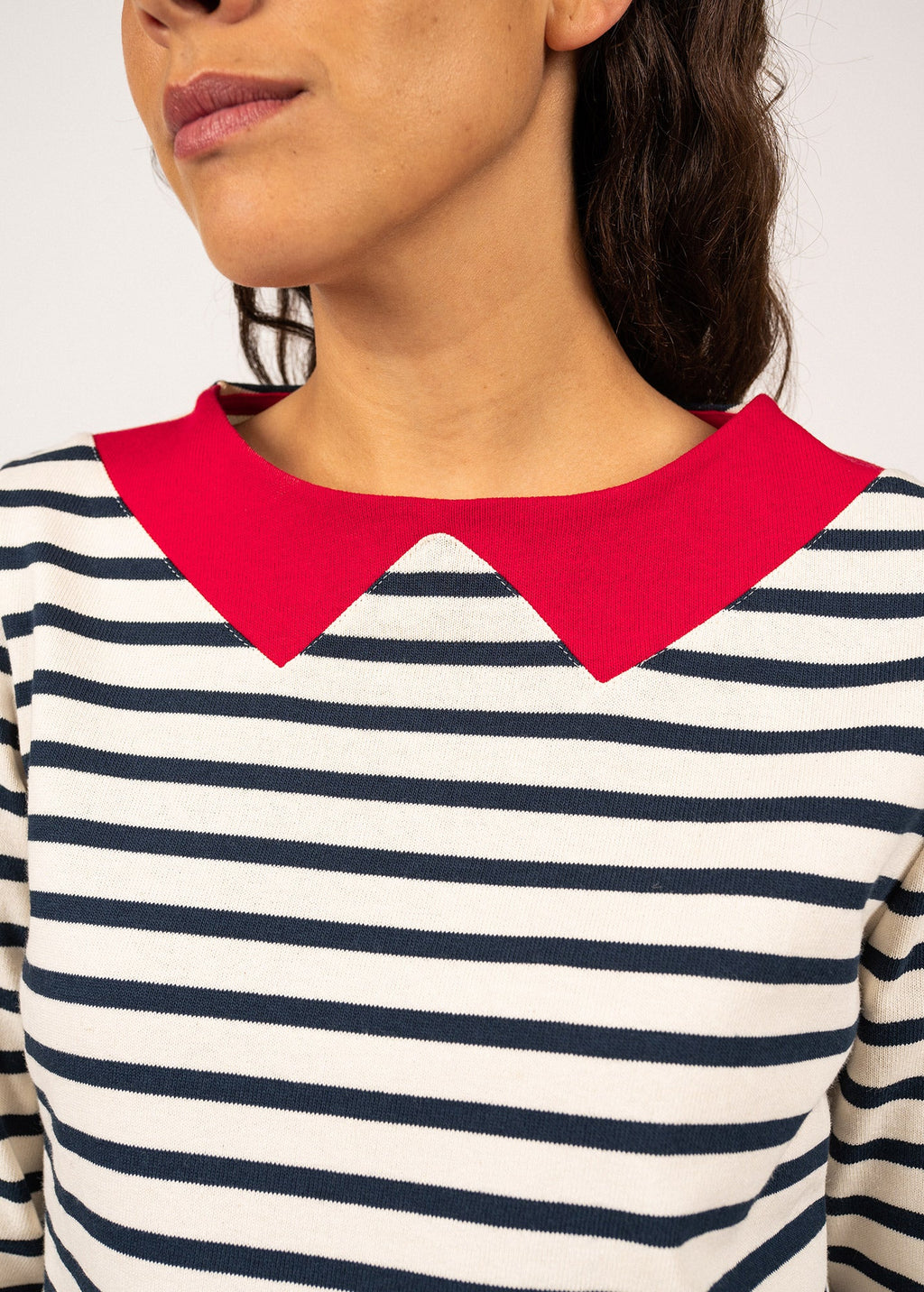 Saint James VIRE - Breton Striped Shirt with Collar for Women| Heavyweight Cotton (ECRU / NAVY / RED)