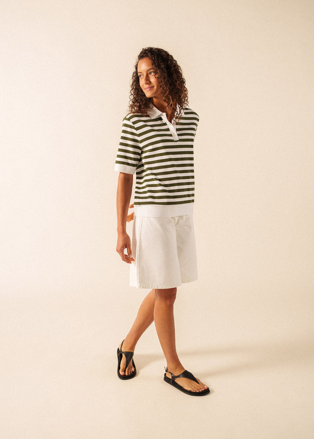 Saint James CAROLA Striped Knit Polo Shirt (WHITE / ARMY GREEN)