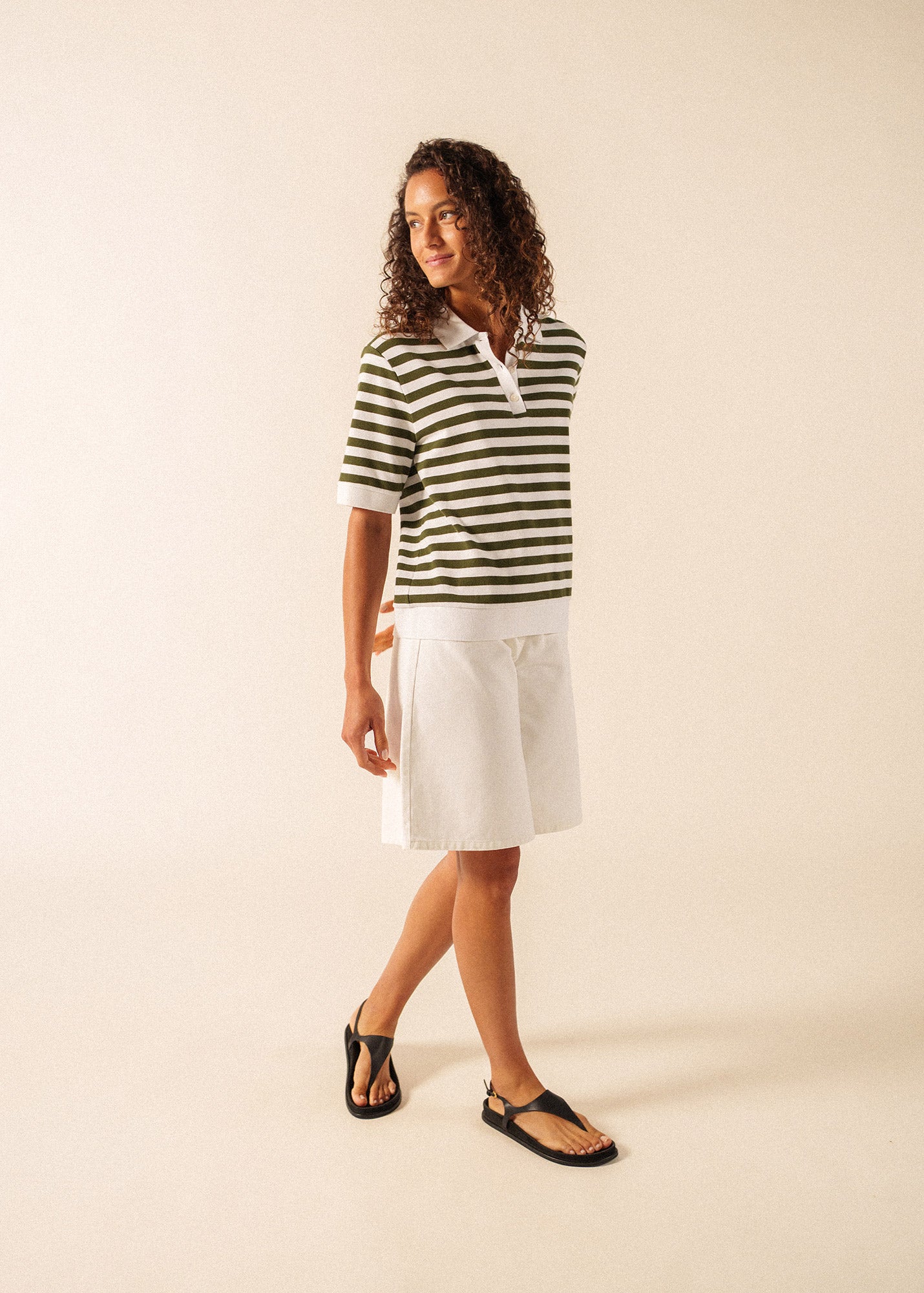 Saint James CAROLA Striped Knit Polo Shirt (WHITE / ARMY GREEN)