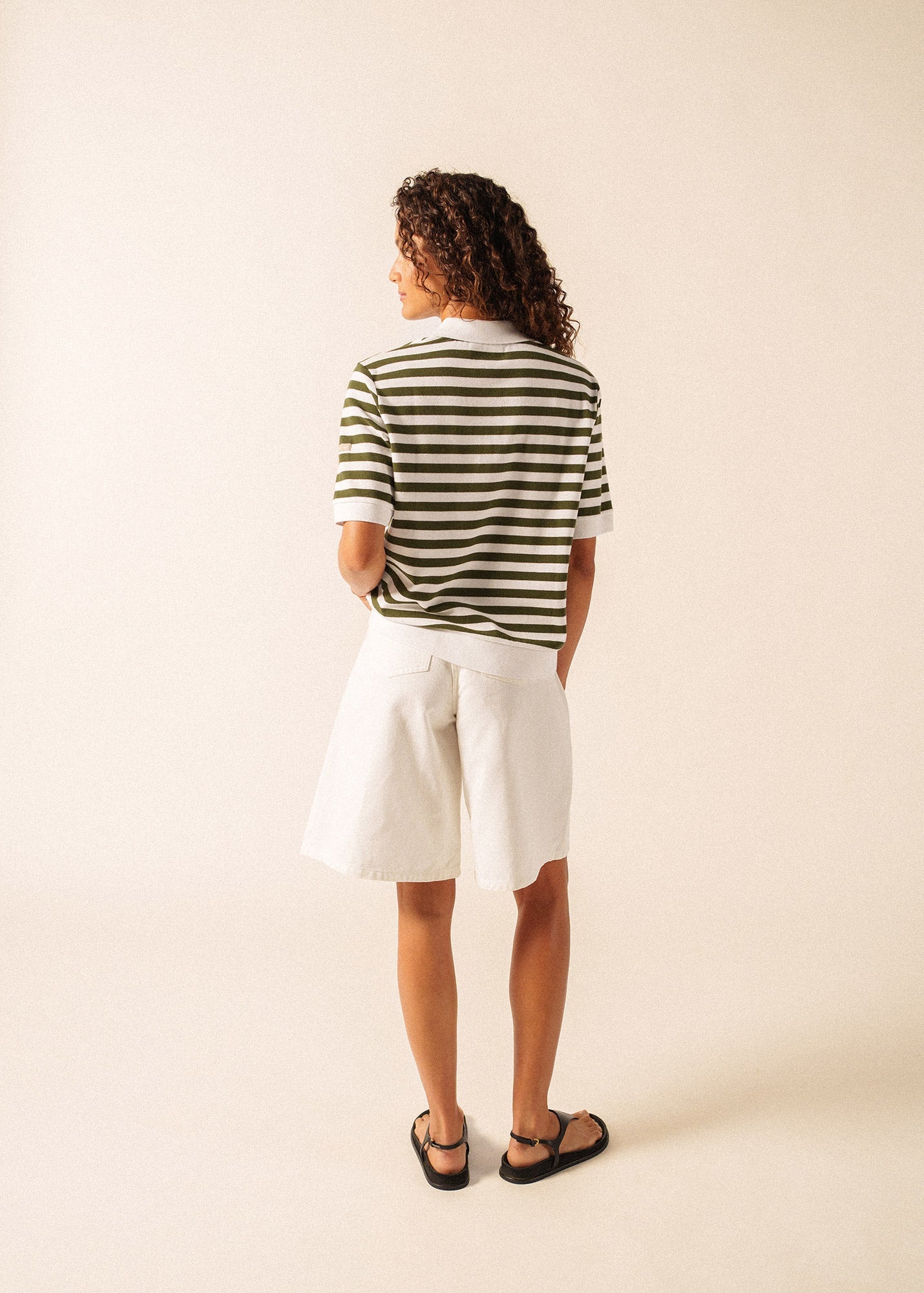 Saint James CAROLA Striped Knit Polo Shirt (WHITE / ARMY GREEN)