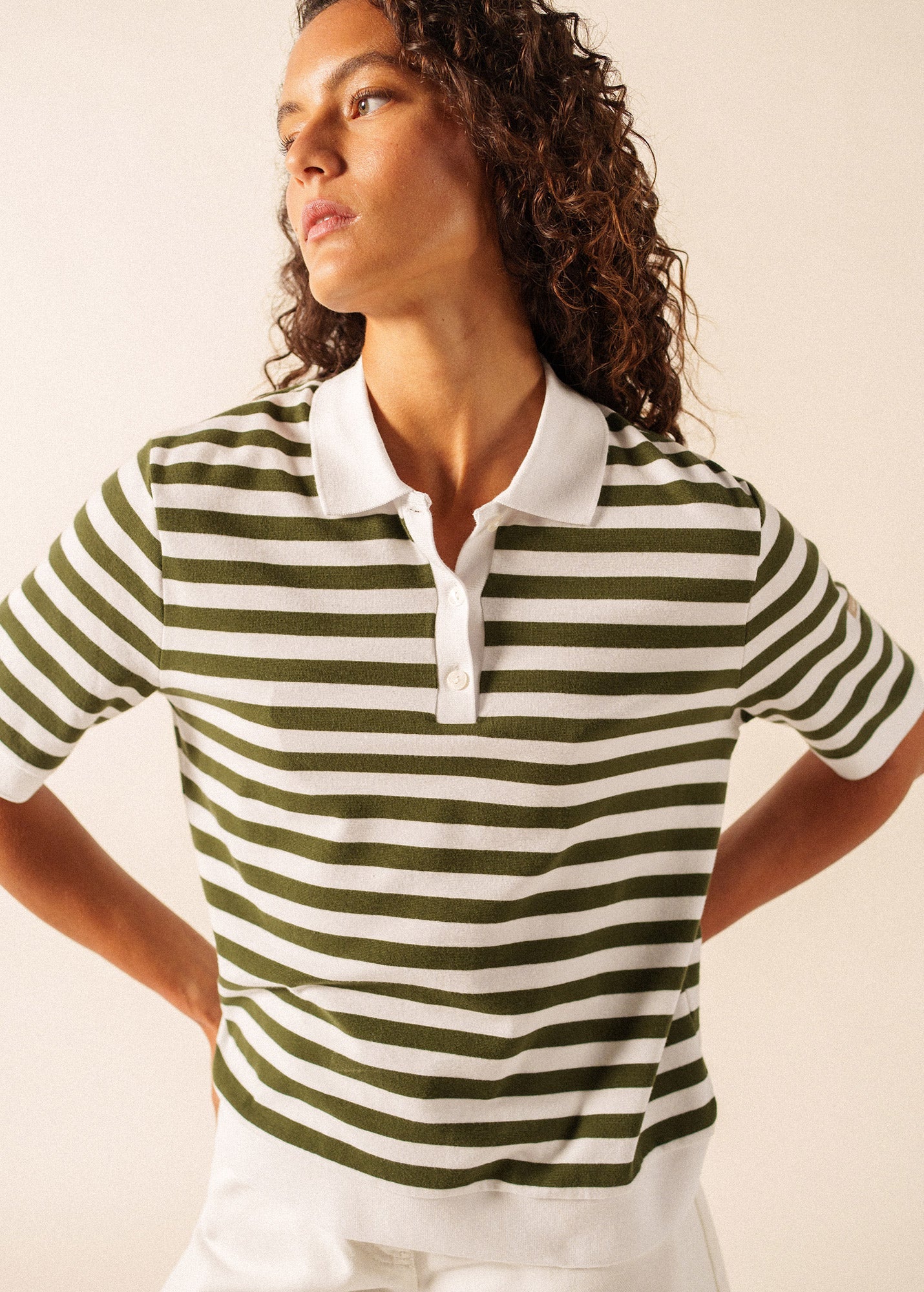 Saint James CAROLA Striped Knit Polo Shirt (WHITE / ARMY GREEN)
